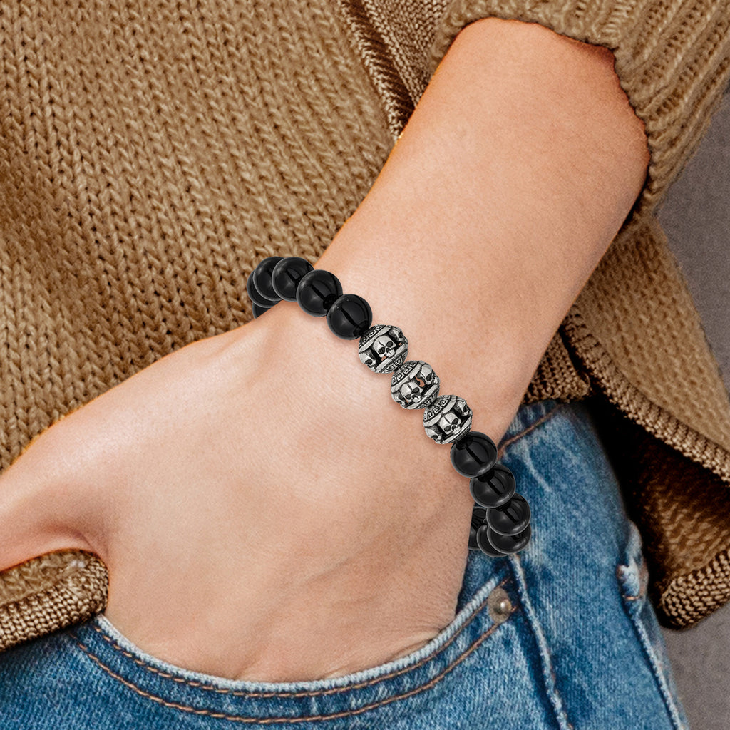Men's Antiqued Black Onyx Skull Stainless Steel Bracelet 10mm