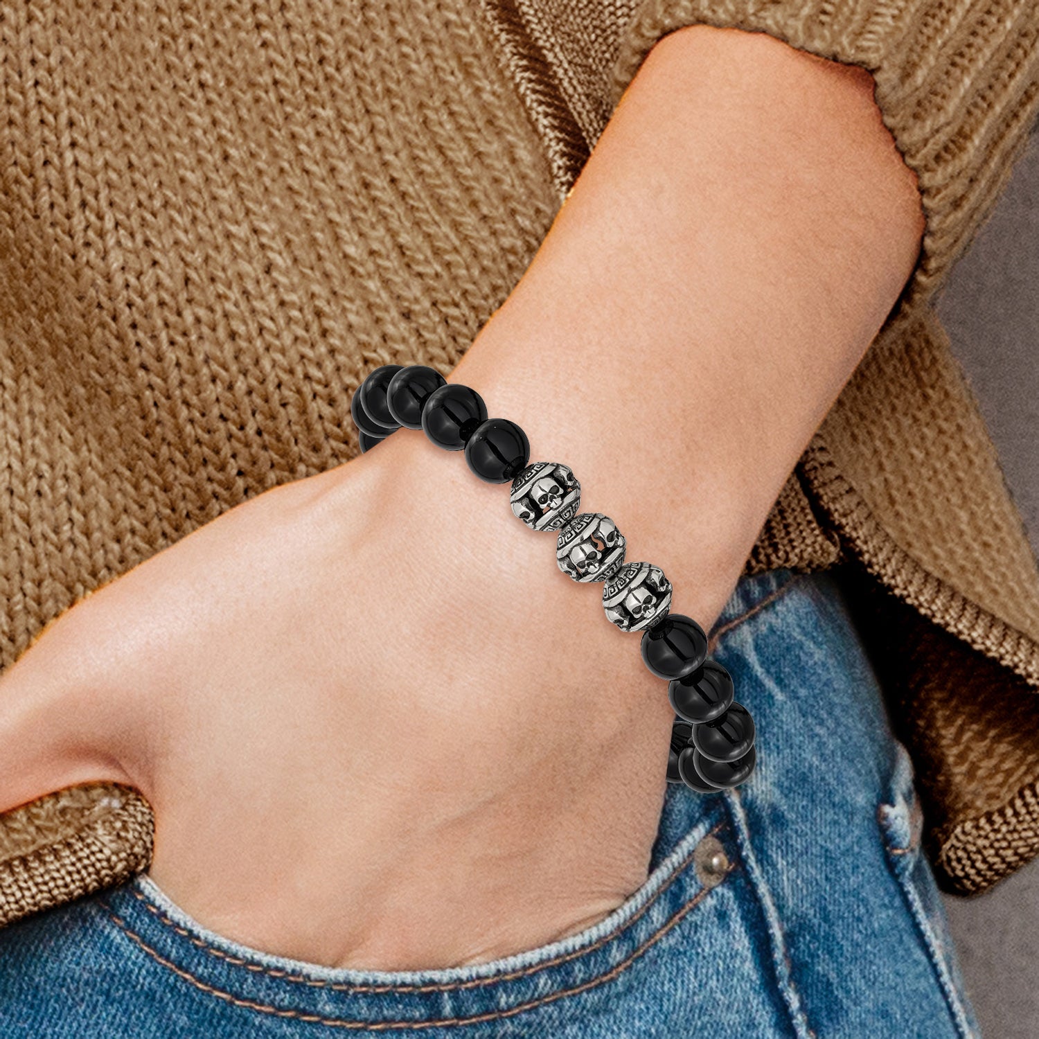 Men's Antiqued Black Onyx Skull Stainless Steel Bracelet 10mm