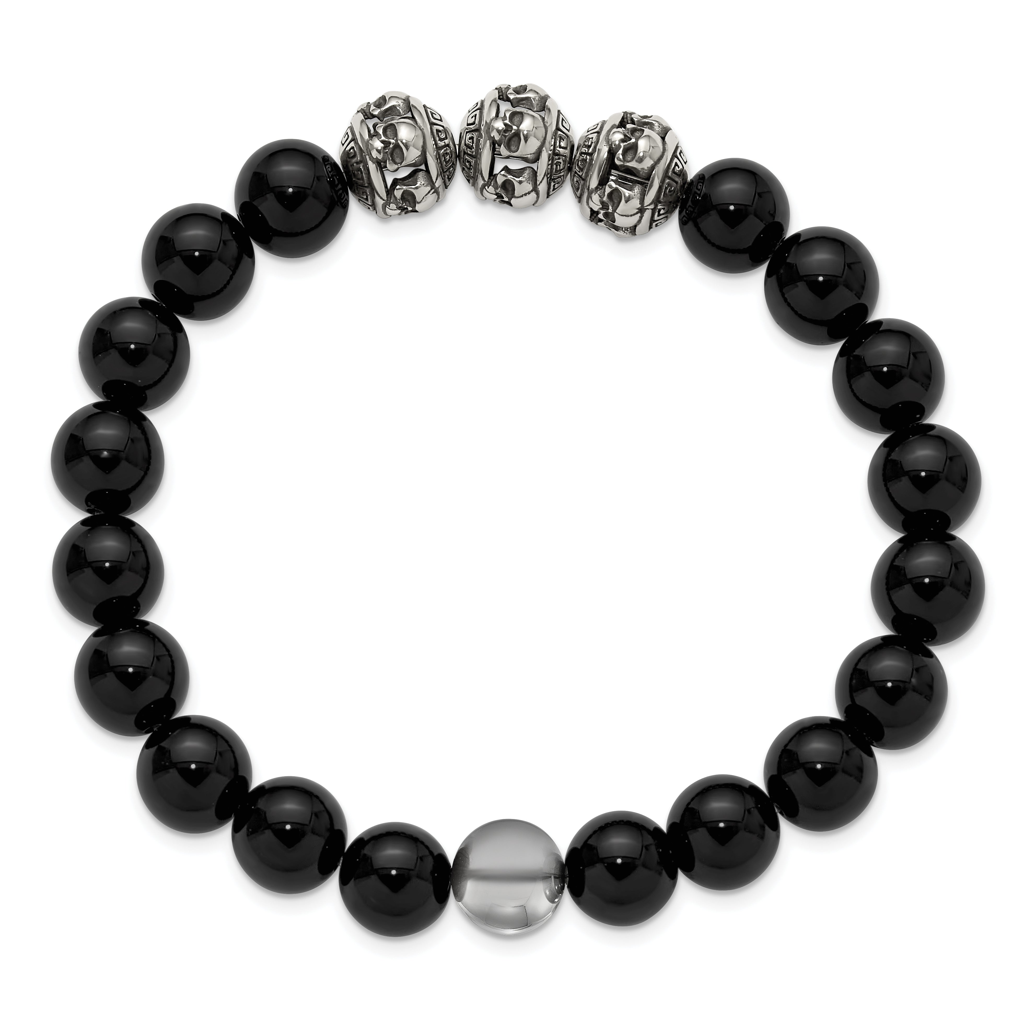 Men's Antiqued Black Onyx Skull Stainless Steel Bracelet 10mm Secondary image