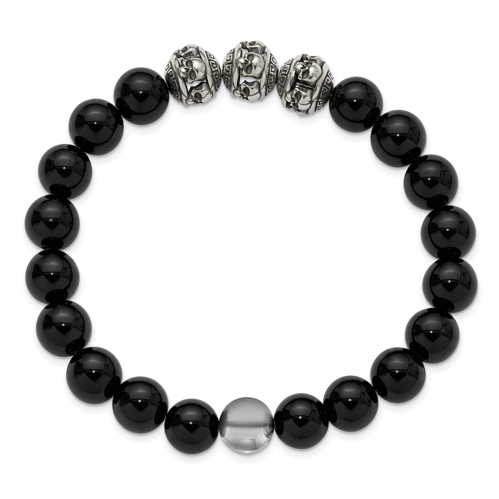 Men's Antiqued Black Onyx Skull Stainless Steel Bracelet 10mm