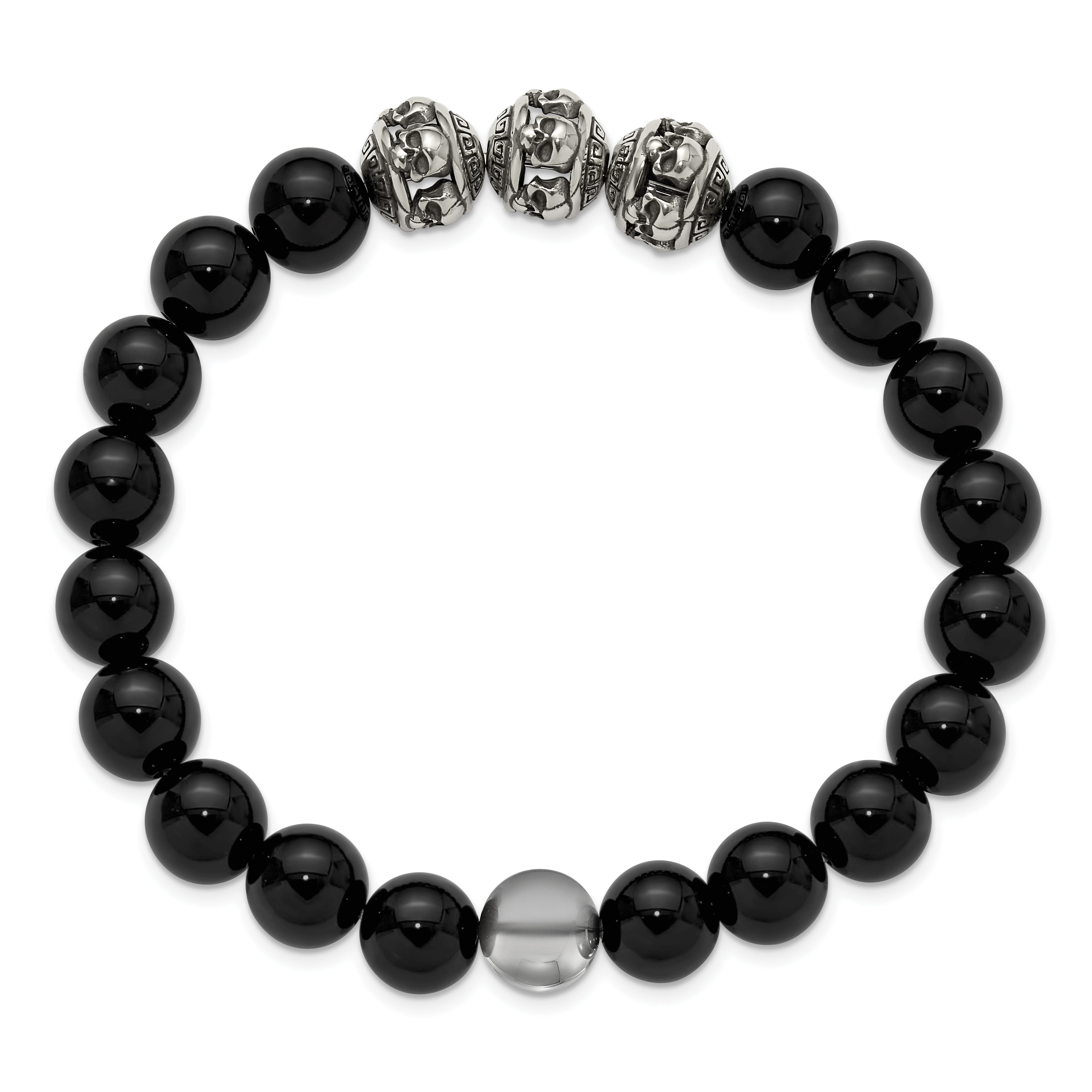 Men's Antiqued Black Onyx Skull Stainless Steel Bracelet 10mm