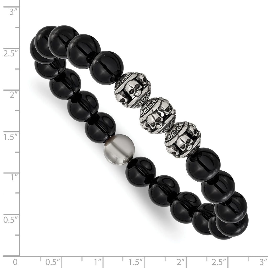 Men's Antiqued Black Onyx Skull Stainless Steel Bracelet 10mm