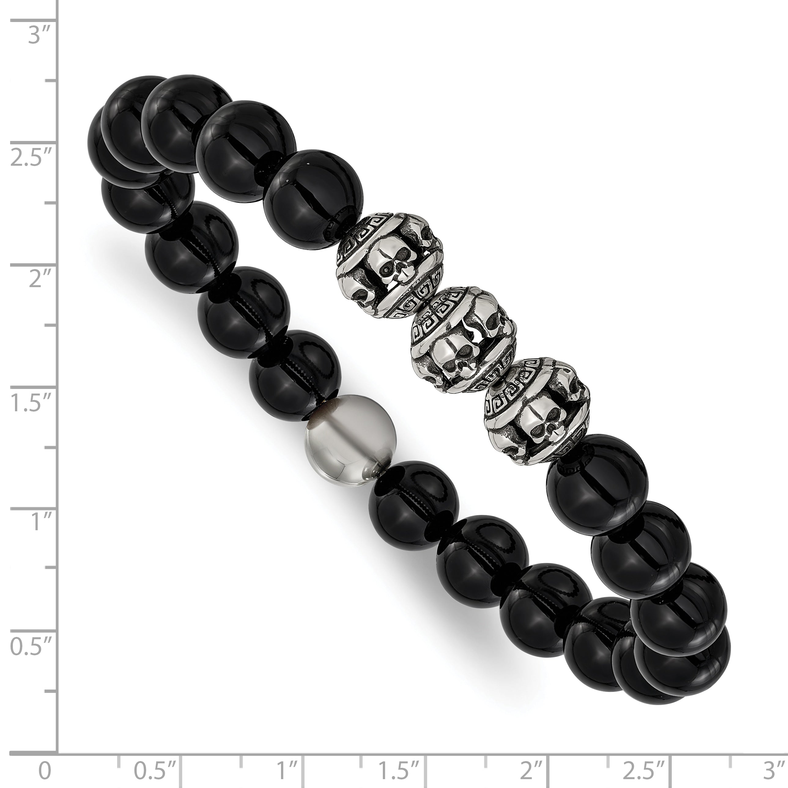 Men's Antiqued Black Onyx Skull Stainless Steel Bracelet 10mm