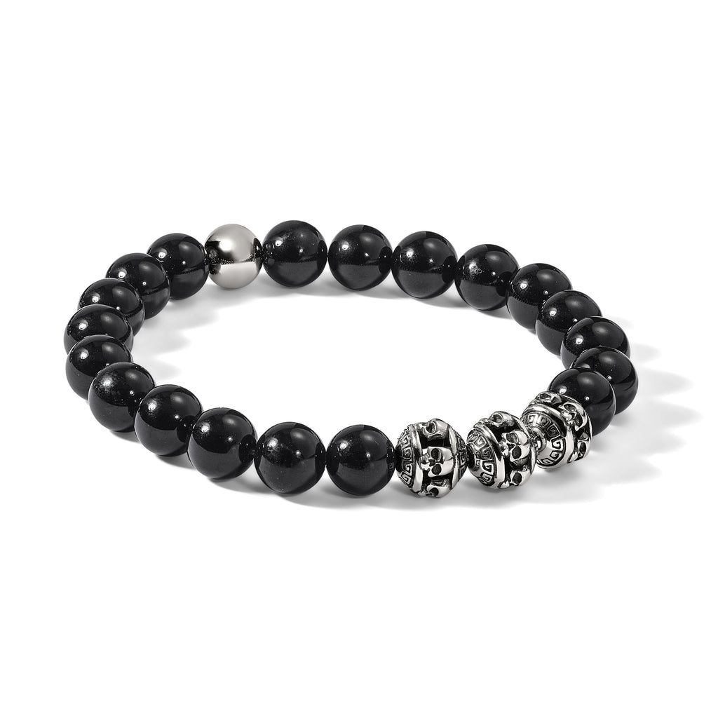Men's Antiqued Black Onyx Skull Stainless Steel Bracelet 10mm