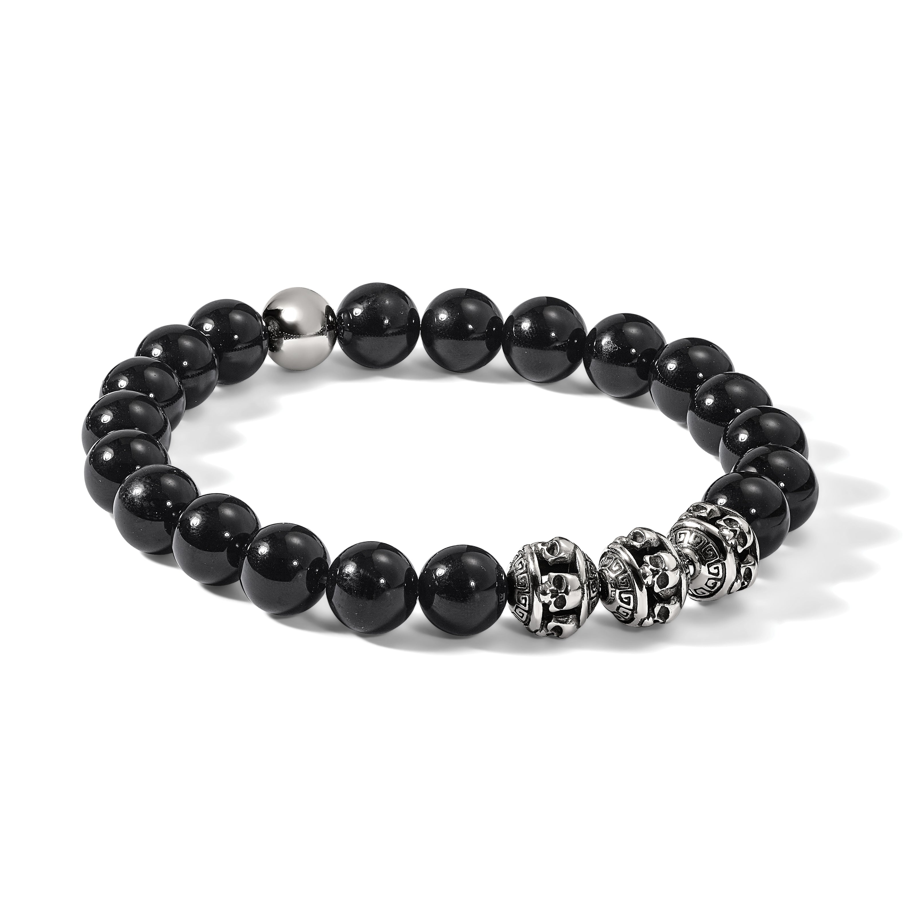 Men's Antiqued Black Onyx Skull Stainless Steel Bracelet 10mm