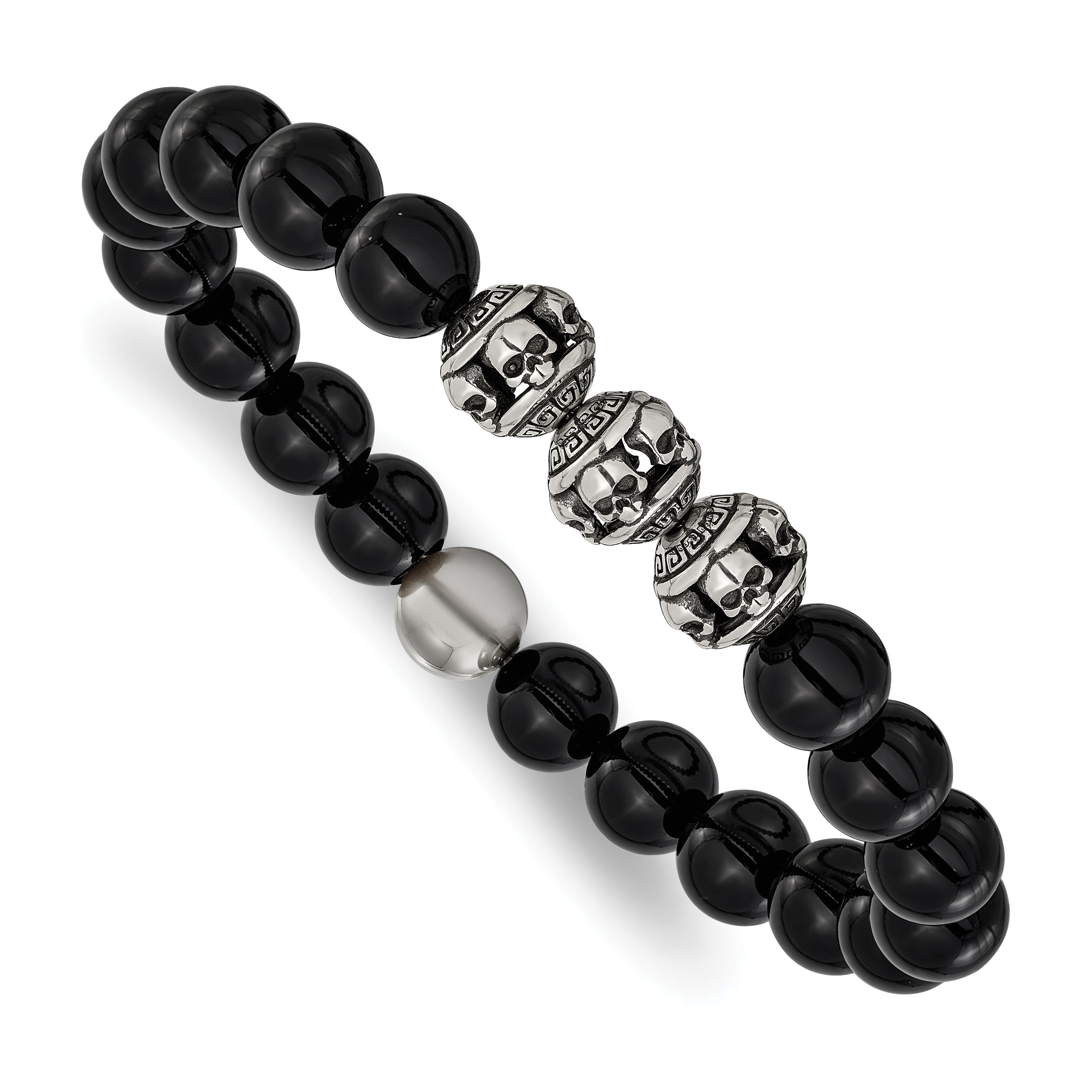 Men's Antiqued Black Onyx Skull Stainless Steel Bracelet 10mm Main image