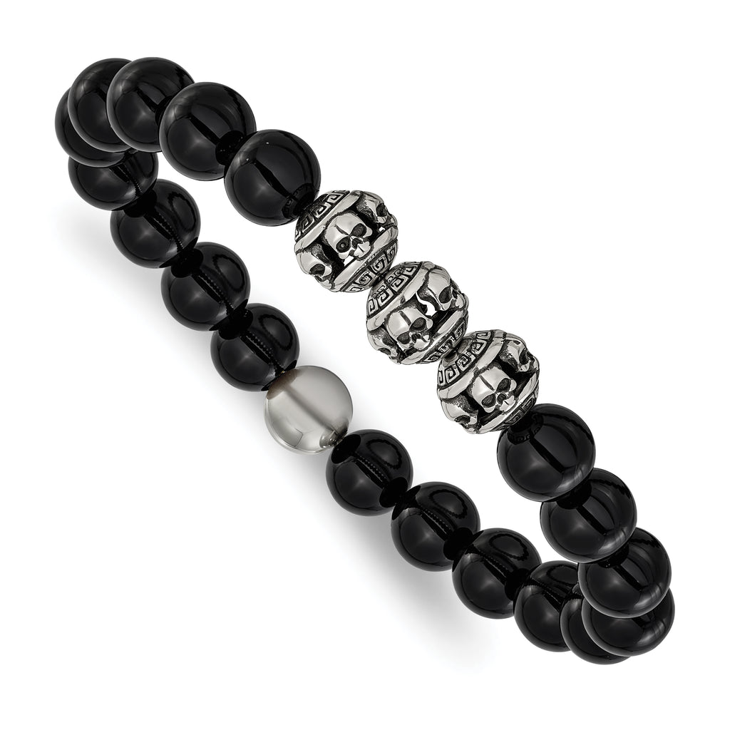 Men's Antiqued Black Onyx Skull Stainless Steel Bracelet 10mm