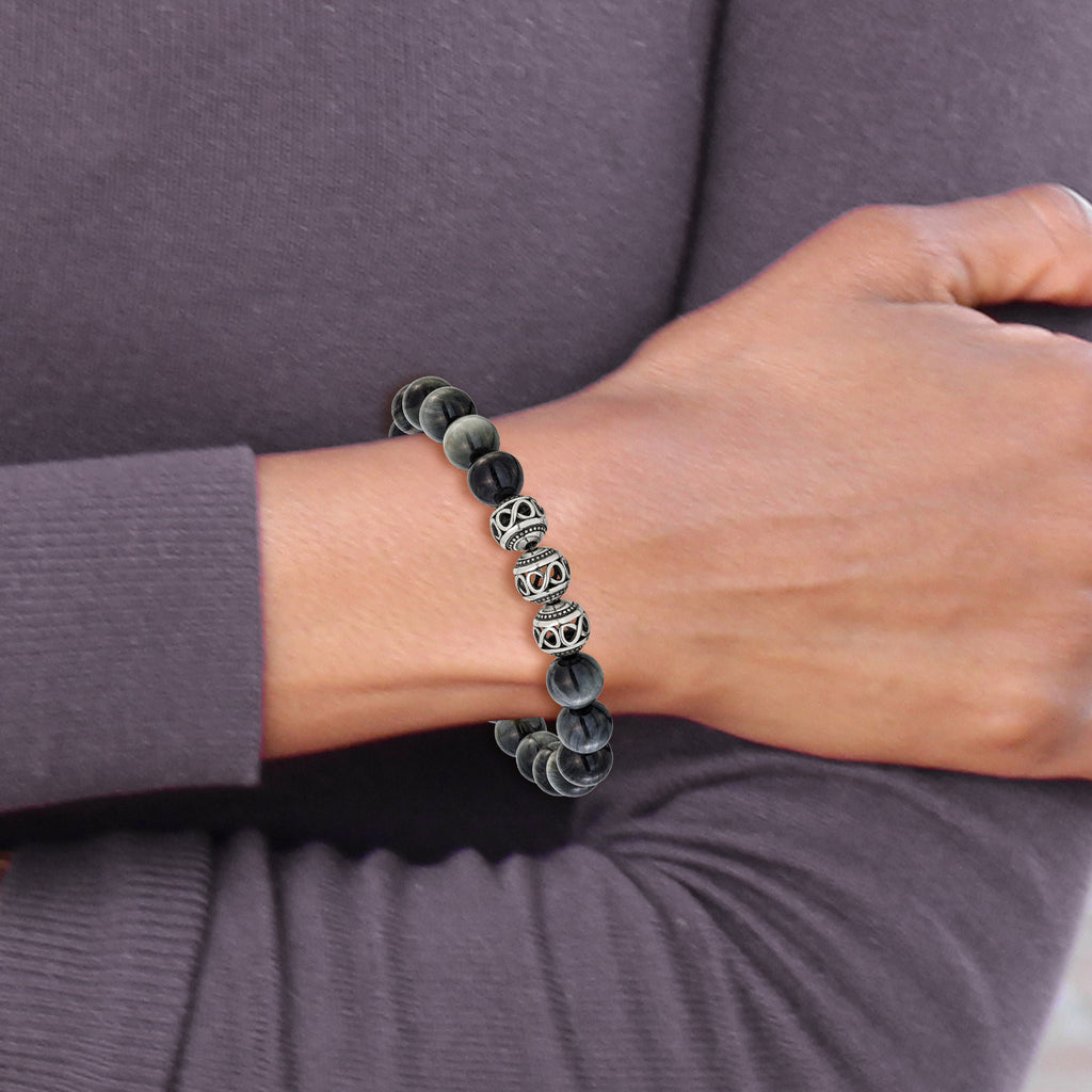 Men's Antiqued Grey Tiger's Eye Stainless Steel Bracelet 11mm