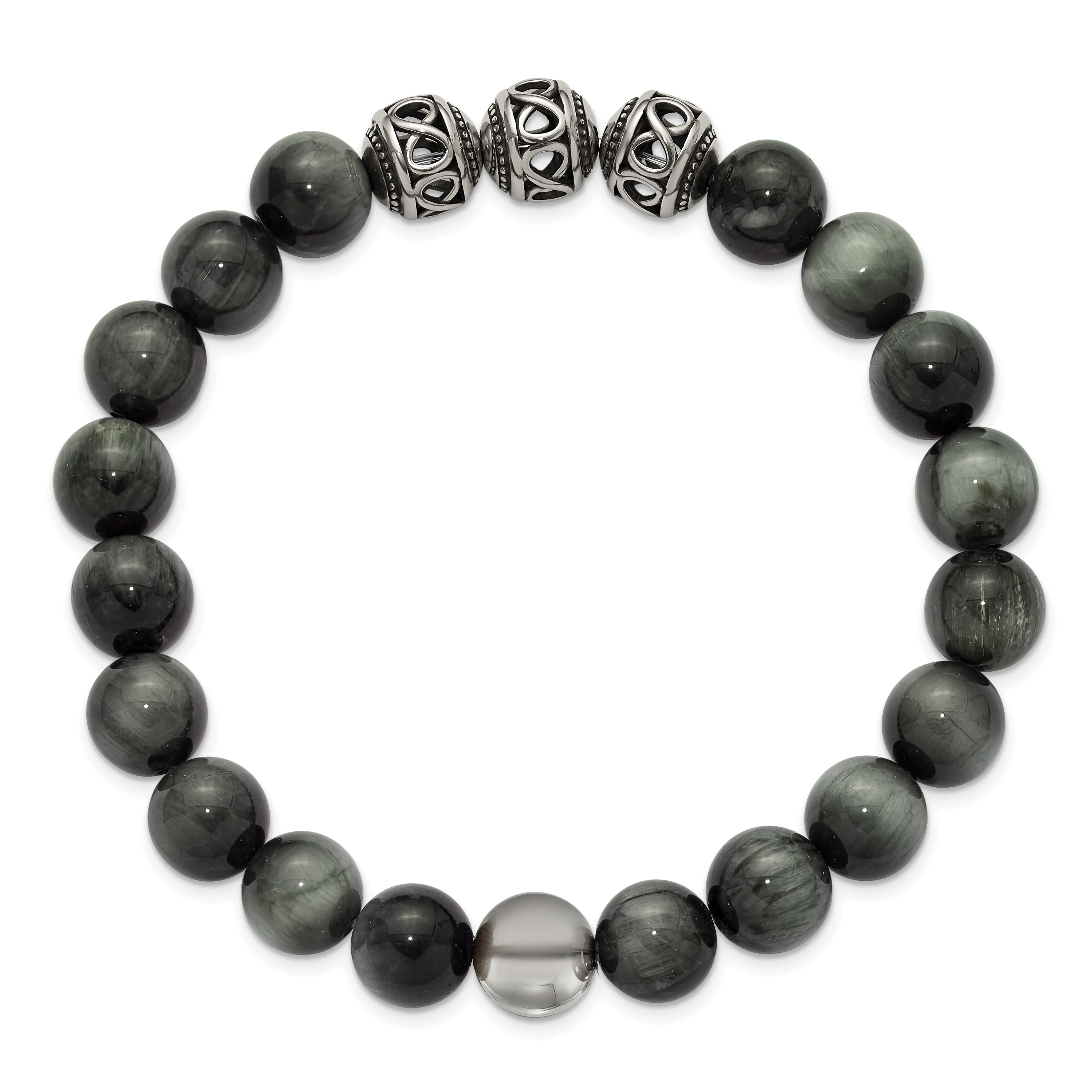 Men's Antiqued Grey Tiger's Eye Stainless Steel Bracelet 11mm Secondary image