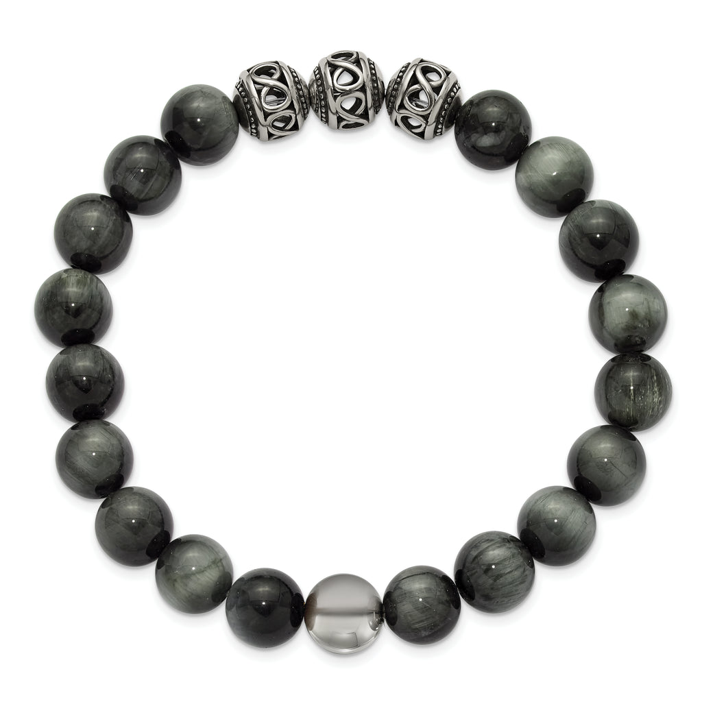 Men's Antiqued Grey Tiger's Eye Stainless Steel Bracelet 11mm