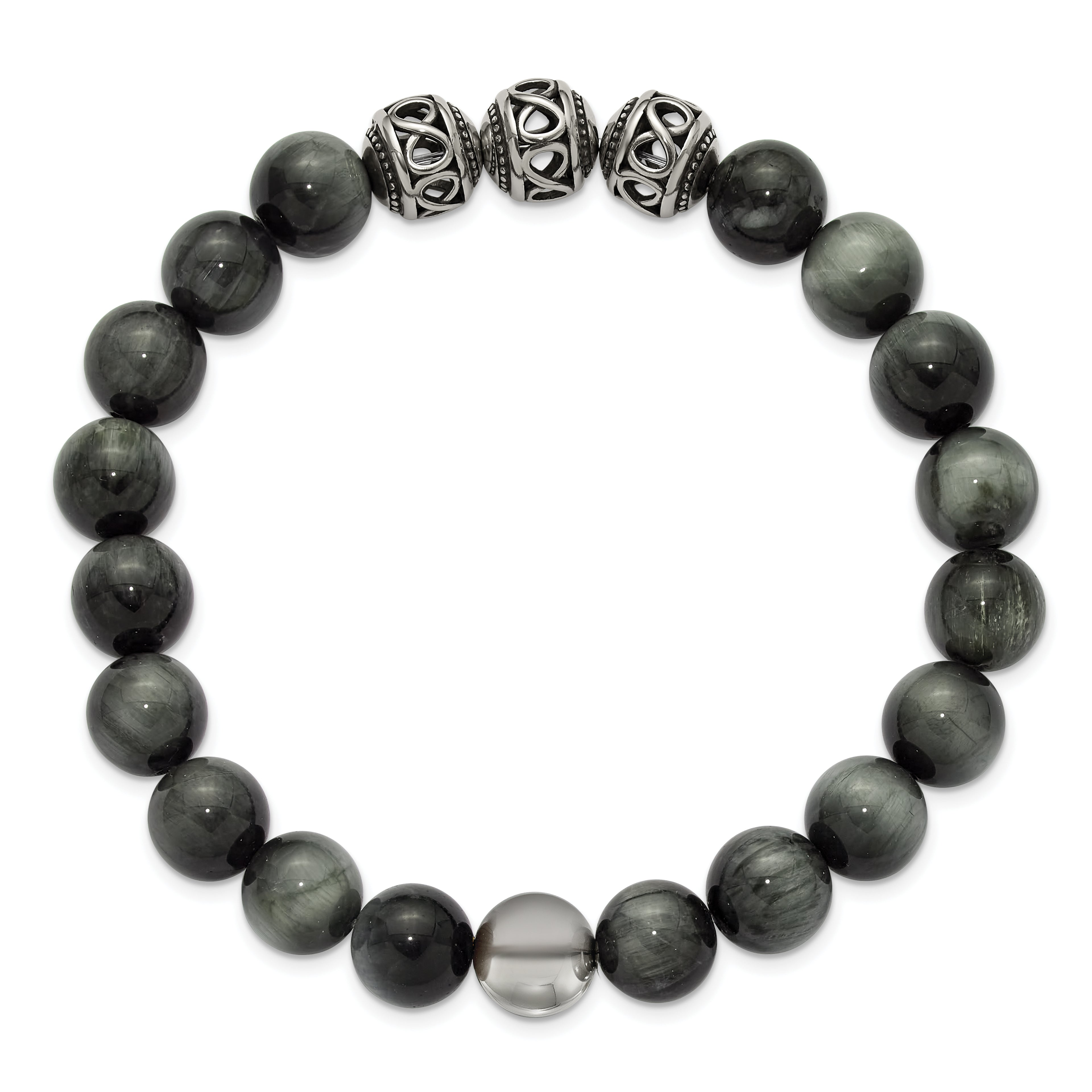 Men's Antiqued Grey Tiger's Eye Stainless Steel Bracelet 11mm