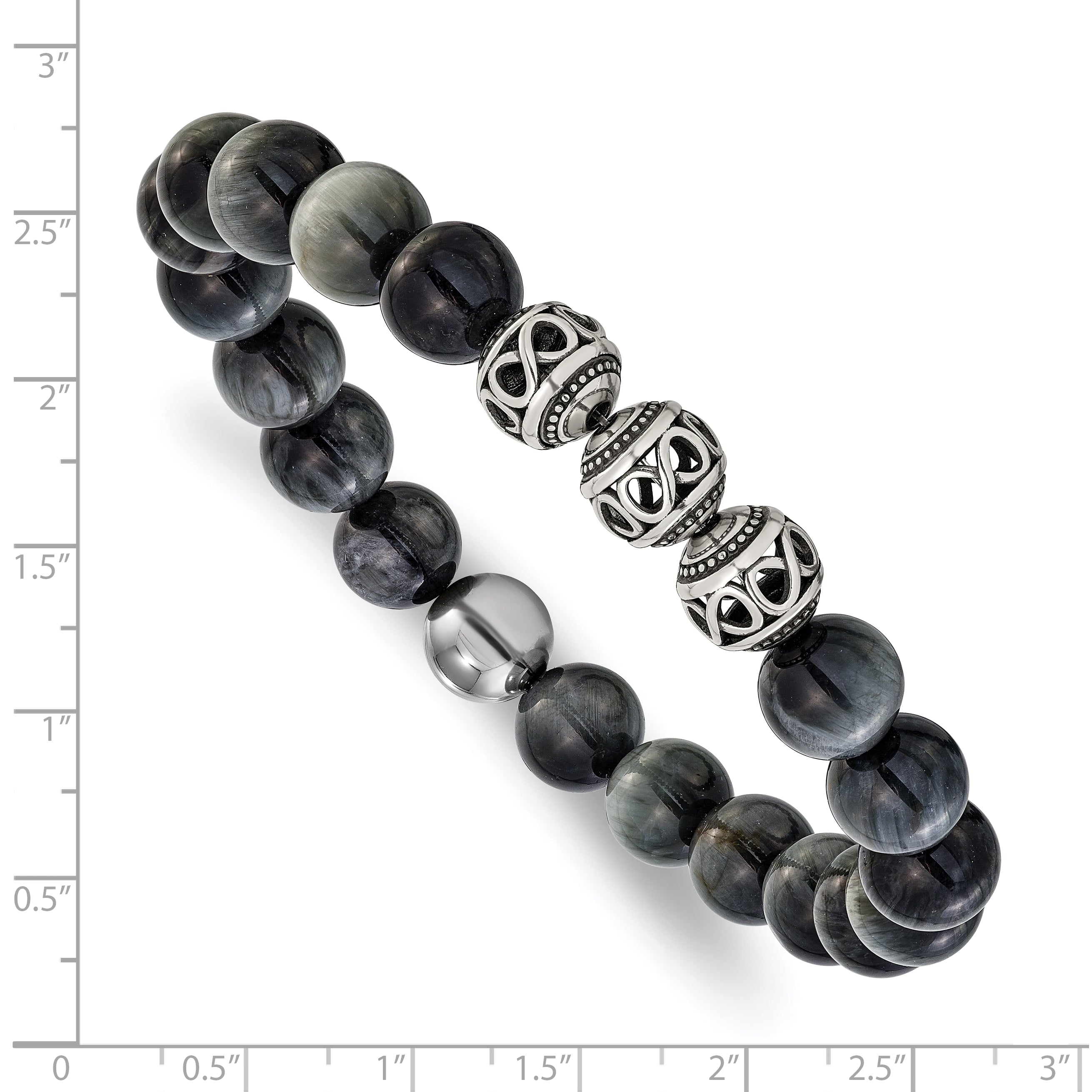 Men's Antiqued Grey Tiger's Eye Stainless Steel Bracelet 11mm