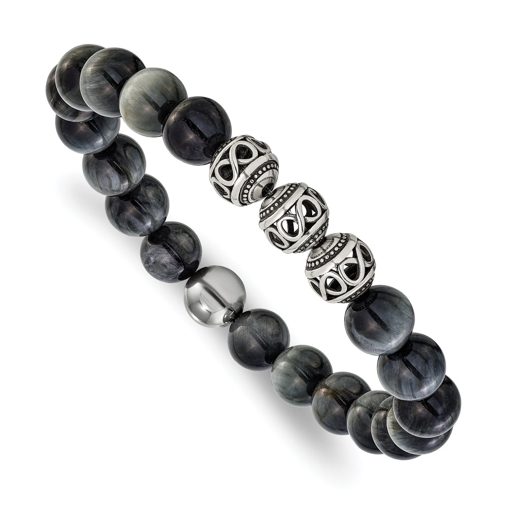 Men's Antiqued Grey Tiger's Eye Stainless Steel Bracelet 11mm