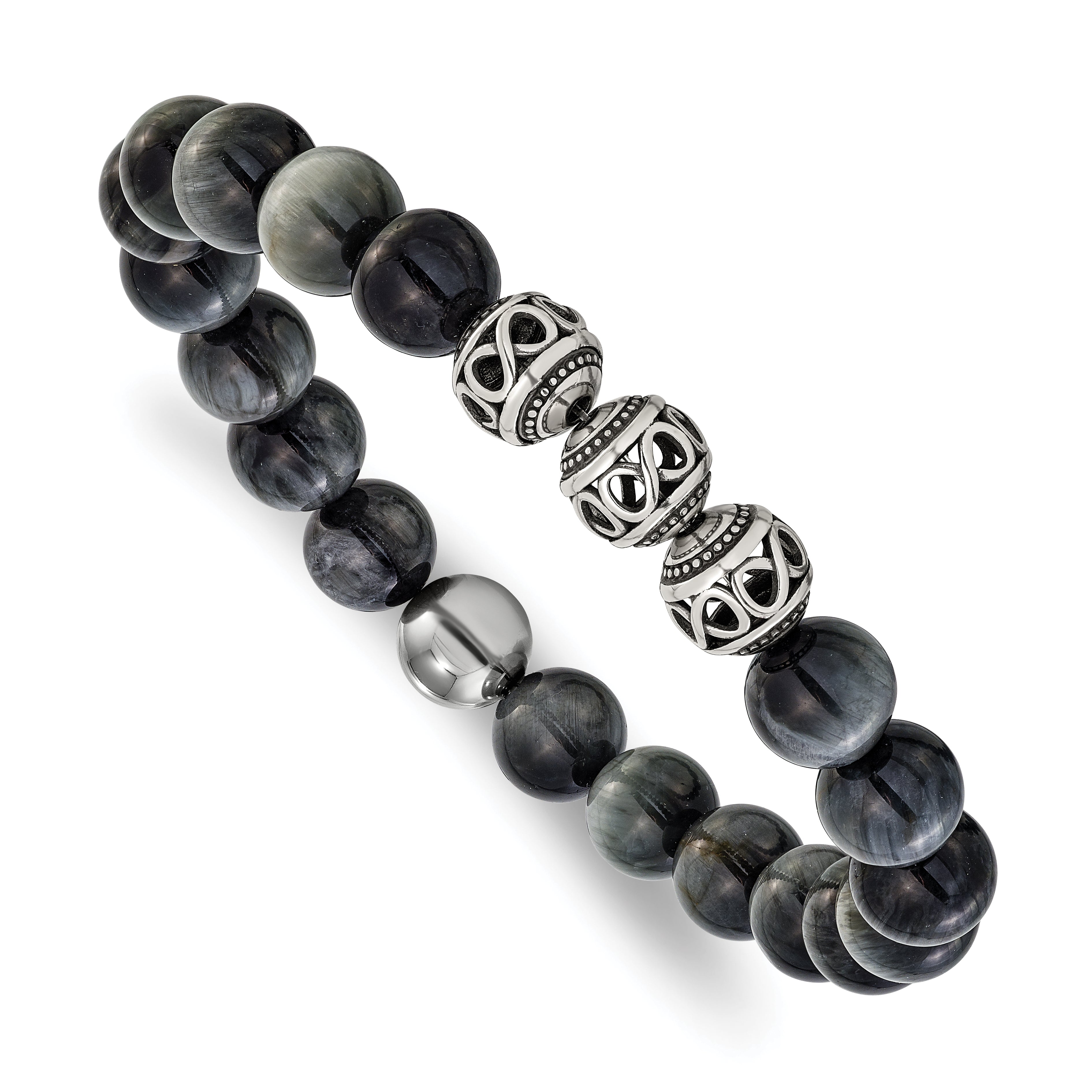 Men's Antiqued Grey Tiger's Eye Stainless Steel Bracelet 11mm