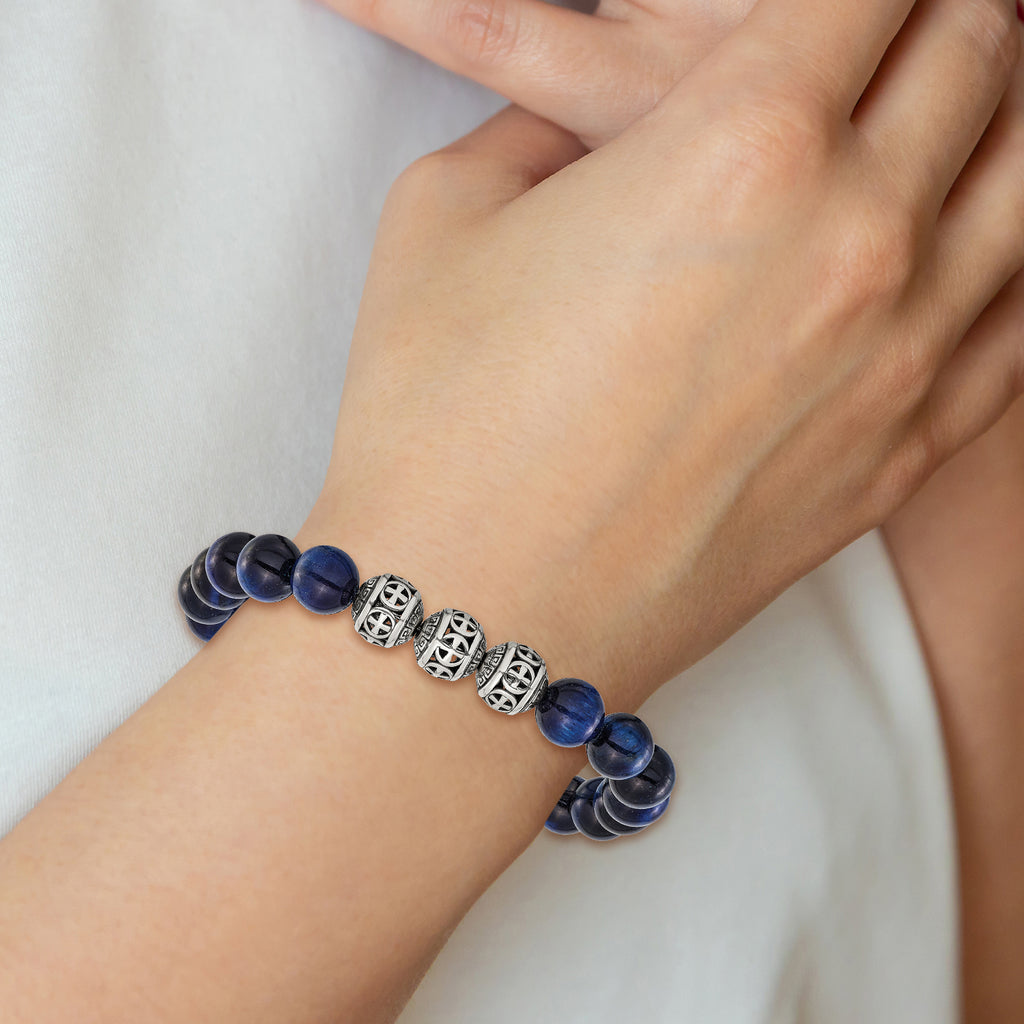 Men's Antiqued Blue Tiger's Eye Stainless Steel Bracelet 10.5mm