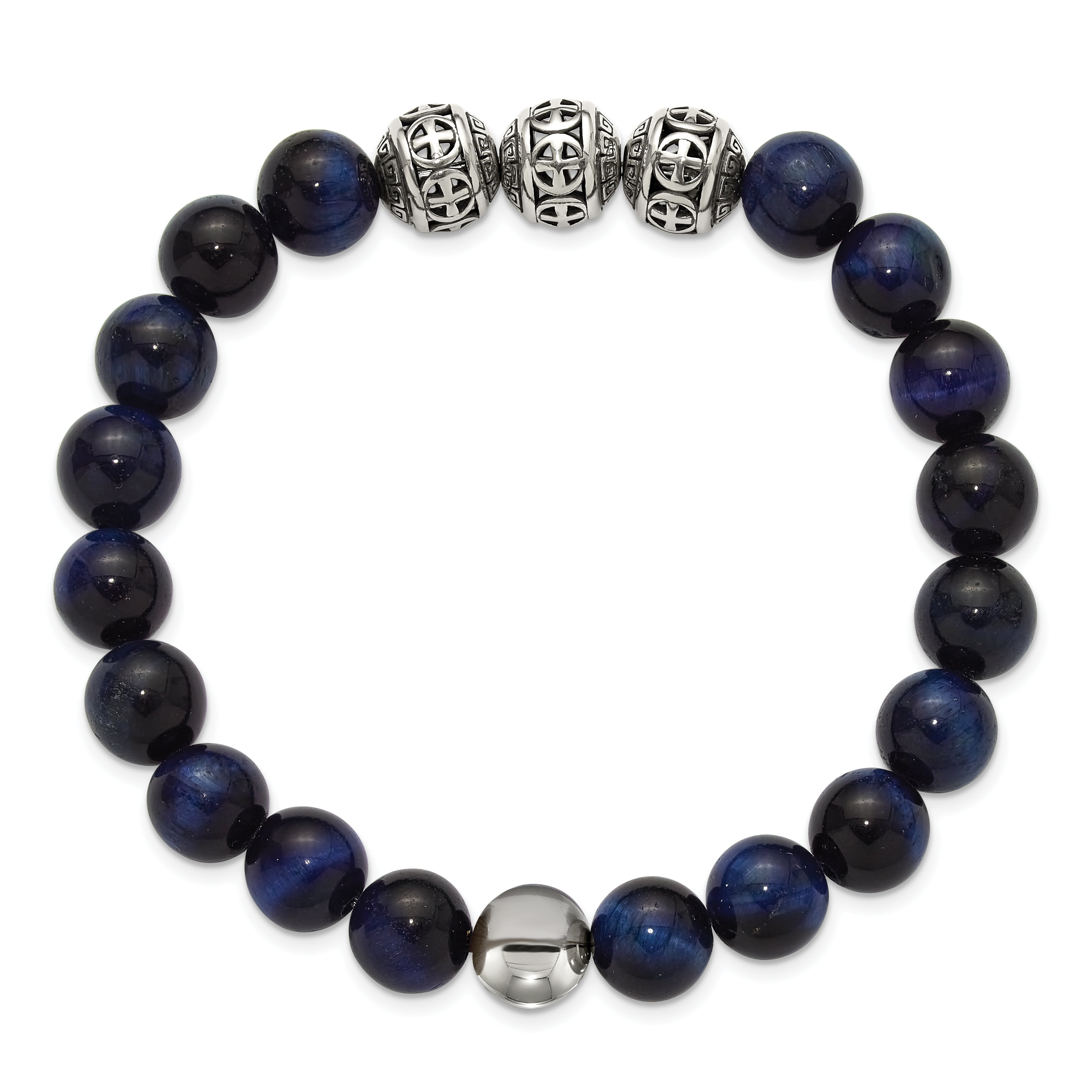 Men's Antiqued Blue Tiger's Eye Stainless Steel Bracelet 10.5mm Secondary image