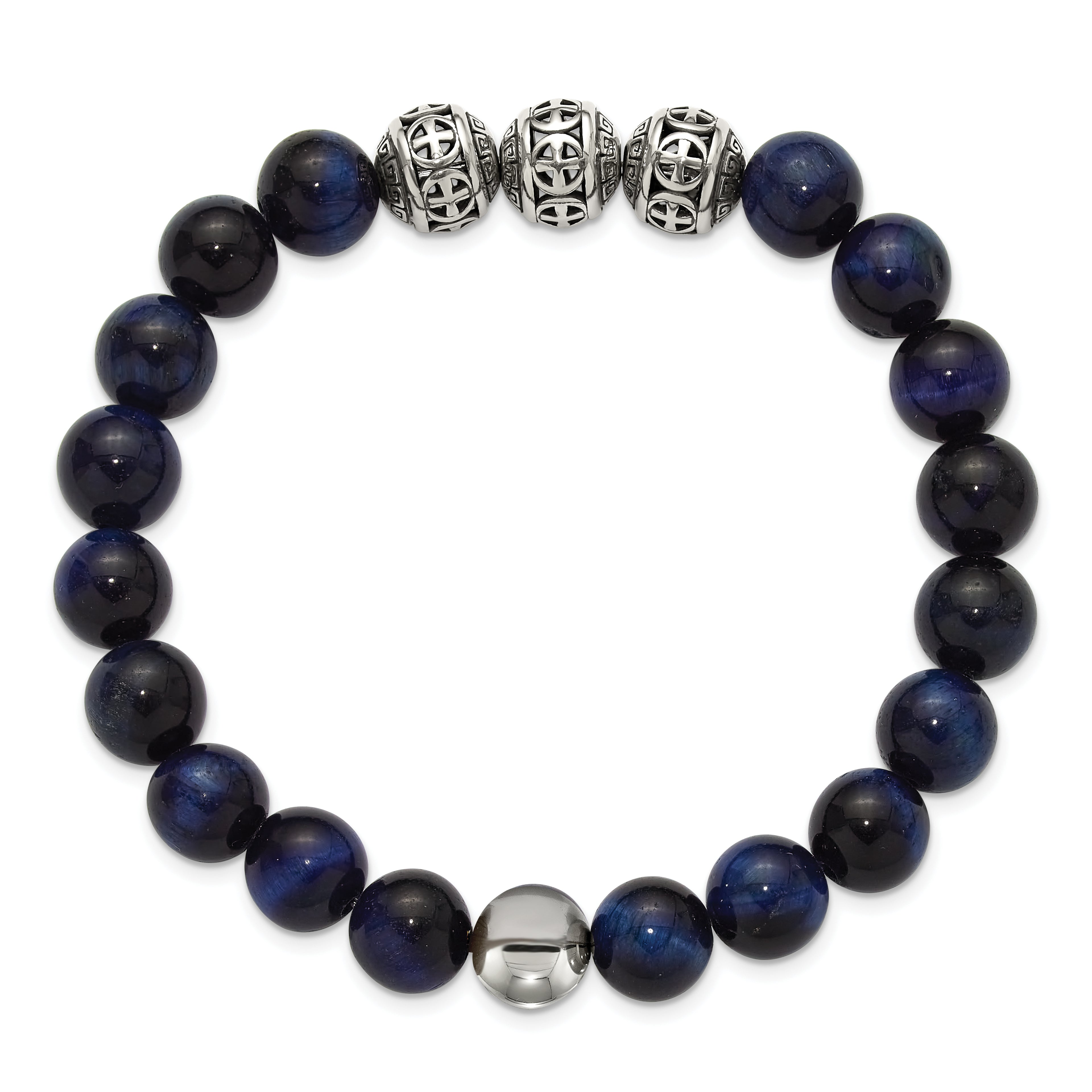 Men's Antiqued Blue Tiger's Eye Stainless Steel Bracelet 10.5mm
