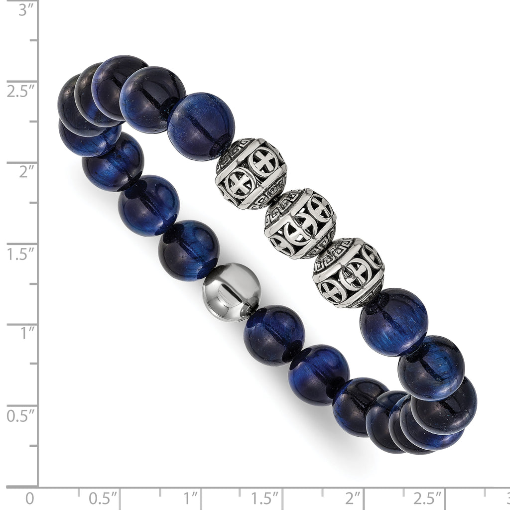 Men's Antiqued Blue Tiger's Eye Stainless Steel Bracelet 10.5mm
