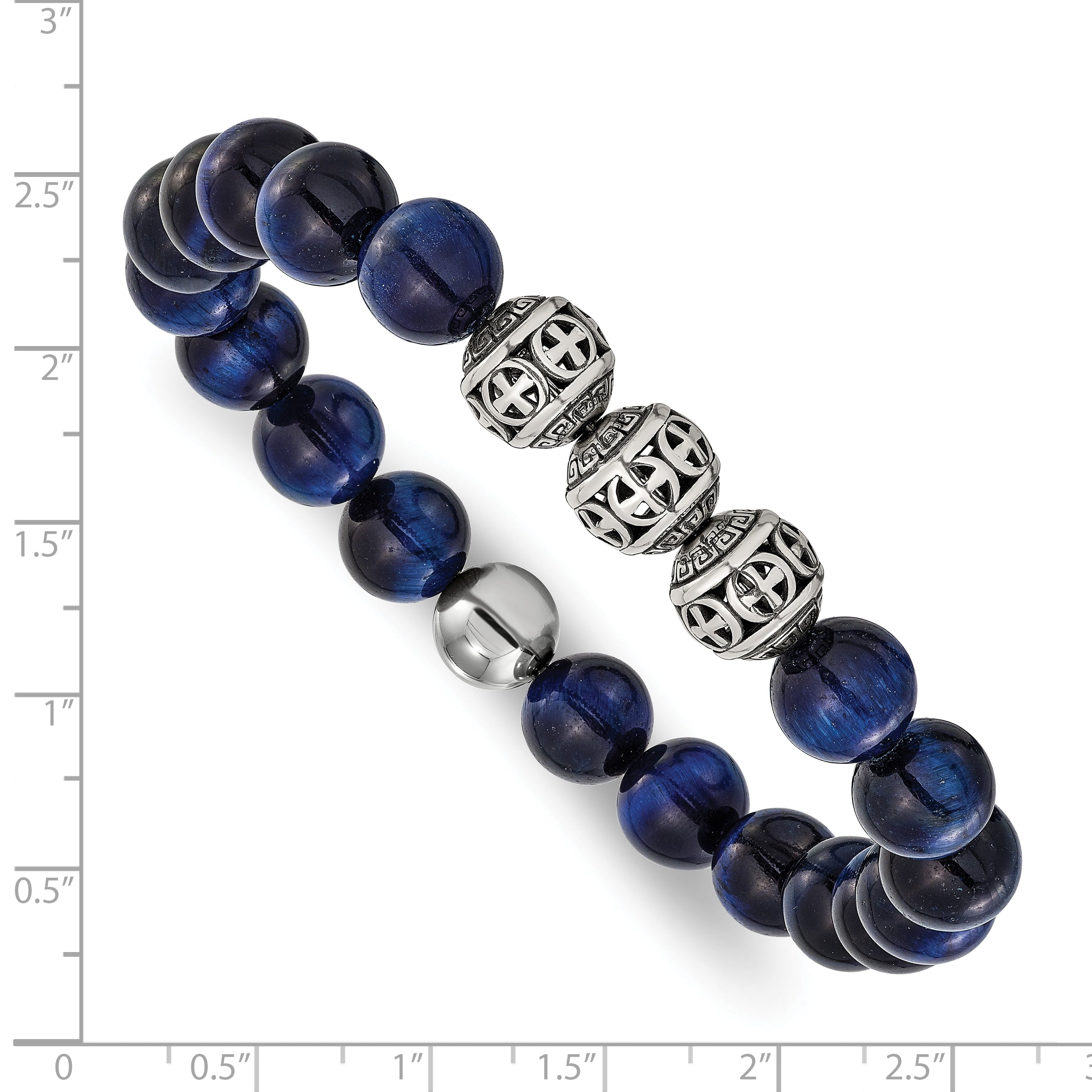 Men's Antiqued Blue Tiger's Eye Stainless Steel Bracelet 10.5mm