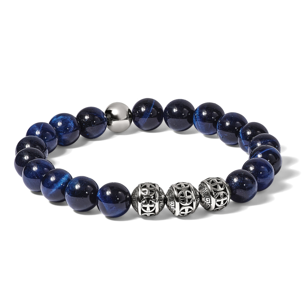 Men's Antiqued Blue Tiger's Eye Stainless Steel Bracelet 10.5mm
