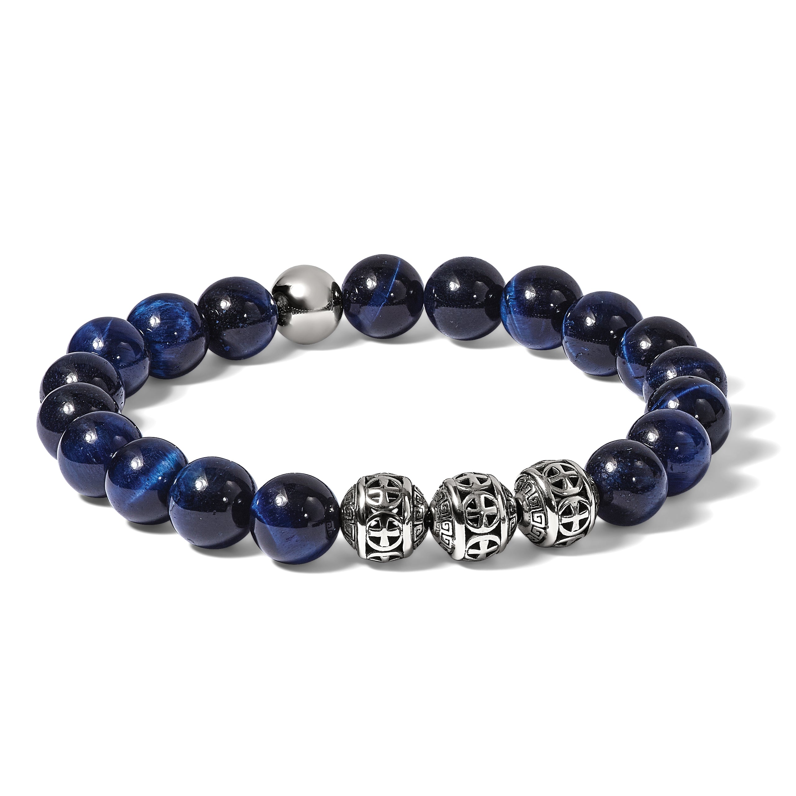 Men's Antiqued Blue Tiger's Eye Stainless Steel Bracelet 10.5mm