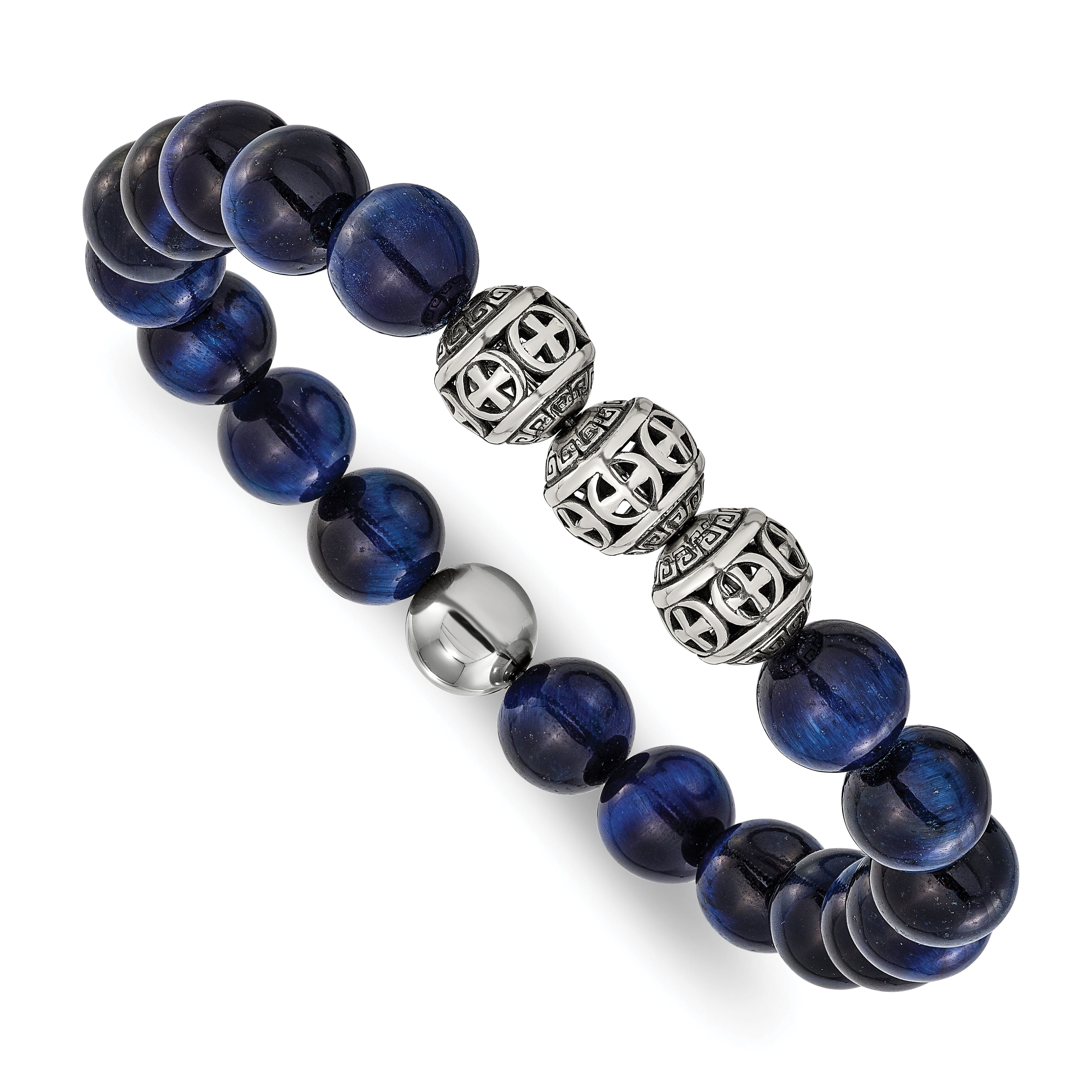 Men's Antiqued Blue Tiger's Eye Stainless Steel Bracelet 10.5mm Main image