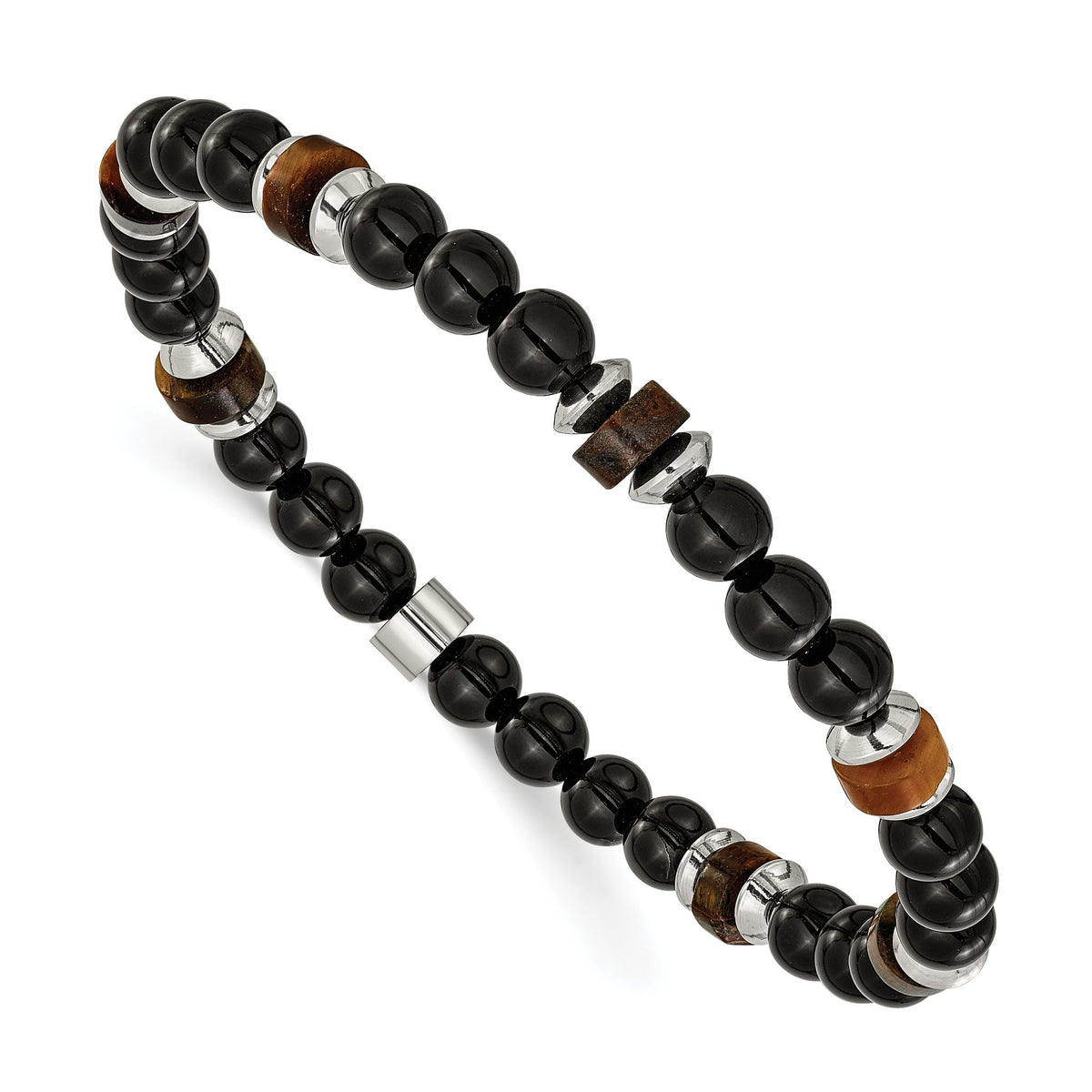 Black Onyx Tiger's Eye Beaded Bracelet in Stainless Steel, 6.8mm - Sophia Jewelers Main image