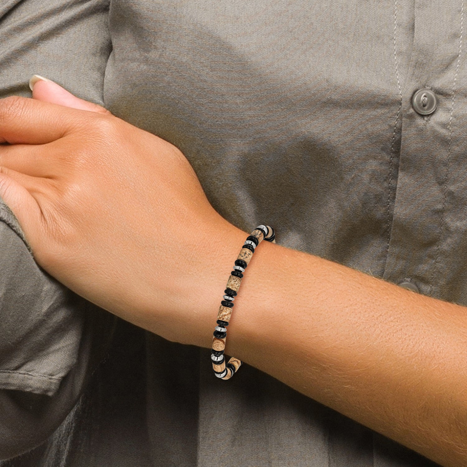 Polished Black Onyx Stainless Steel Bracelet 6.6mm