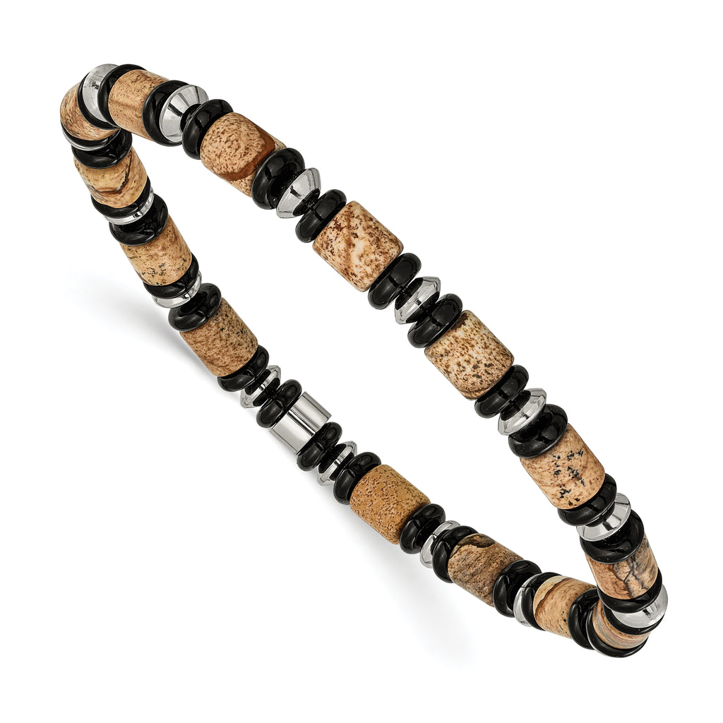 Polished Black Onyx Stainless Steel Bracelet 6.6mm