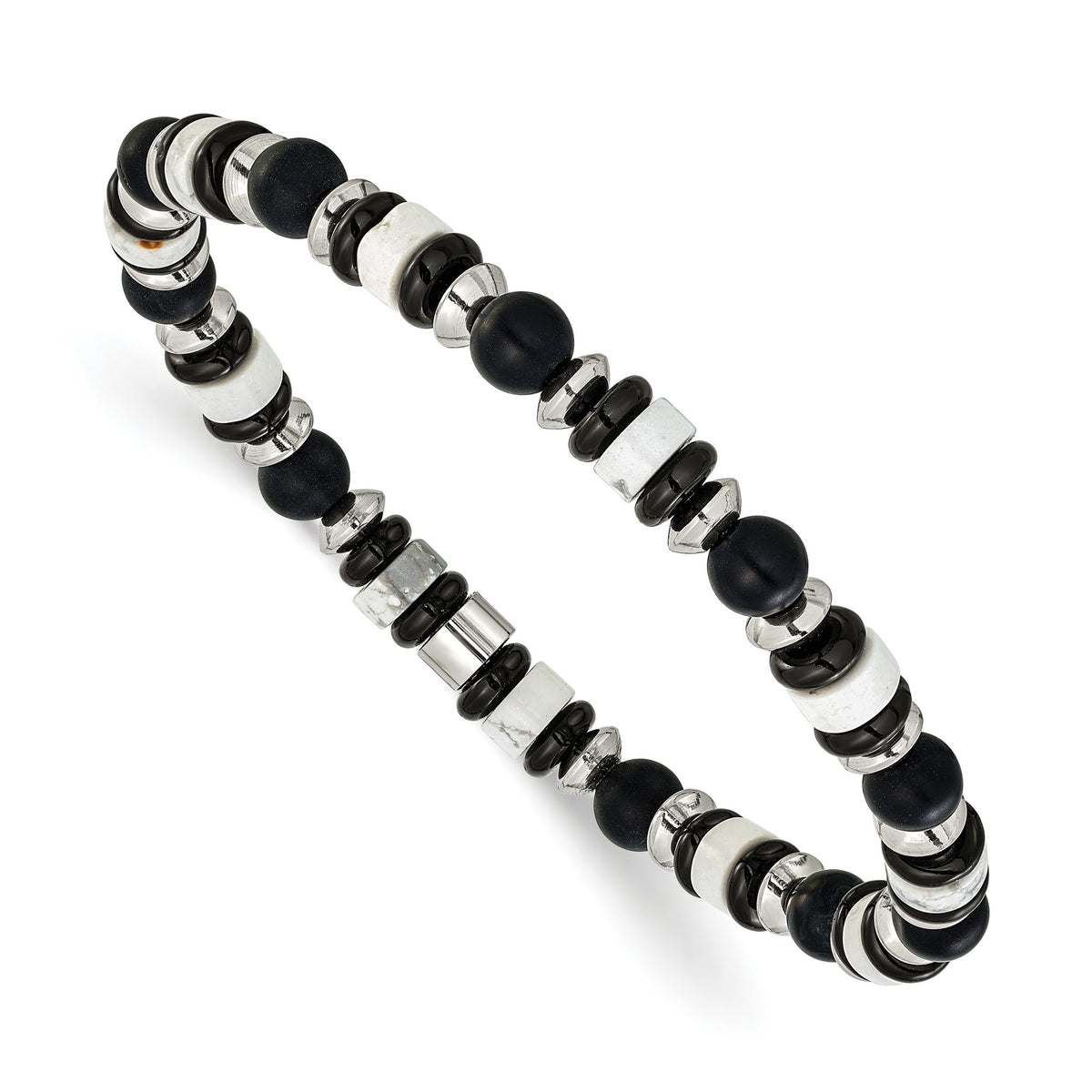 Howlite and Black Onyx Beaded Bracelet in Stainless Steel, 6.5mm - Sophia Jewelers Main image