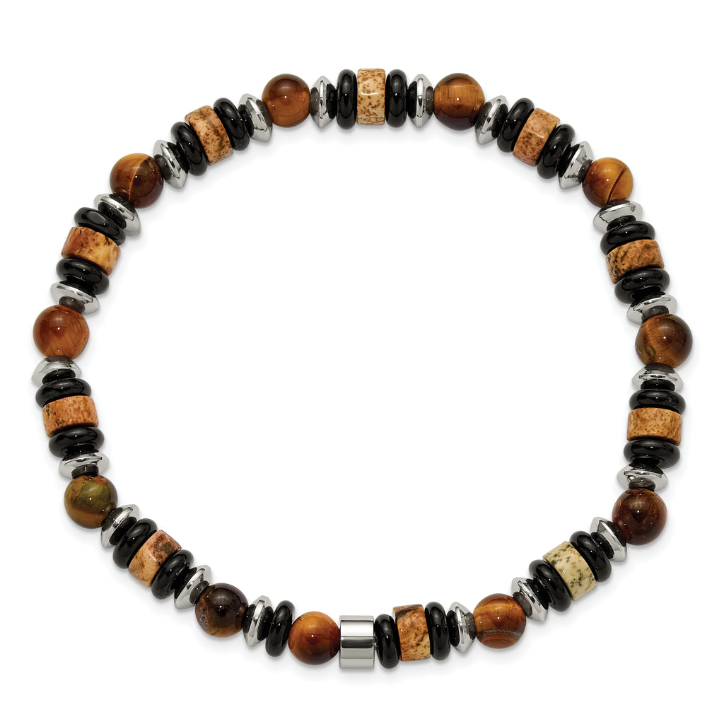 Polished Brown Tiger's Eye Stainless Steel Bracelet 6.5mm 7.5in