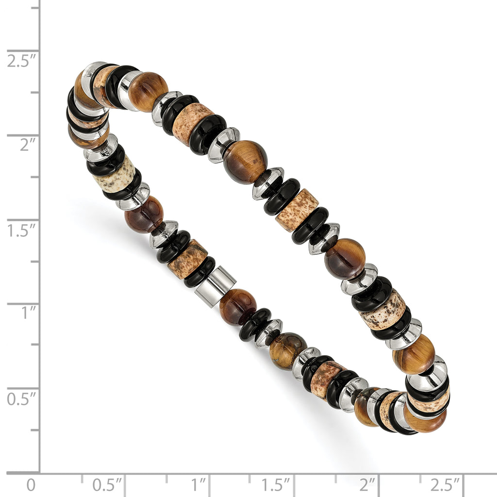 Polished Brown Tiger's Eye Stainless Steel Bracelet 6.5mm 7.5in