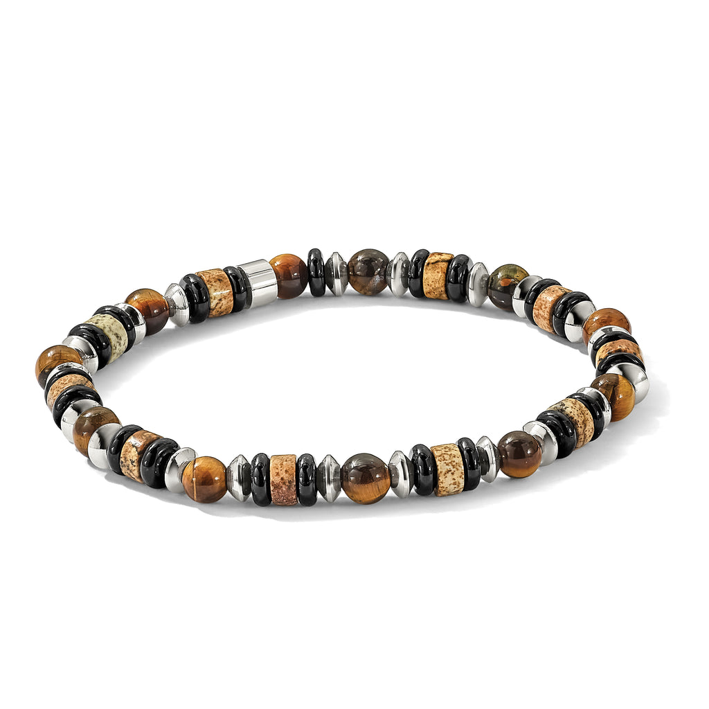 Polished Brown Tiger's Eye Stainless Steel Bracelet 6.5mm 7.5in