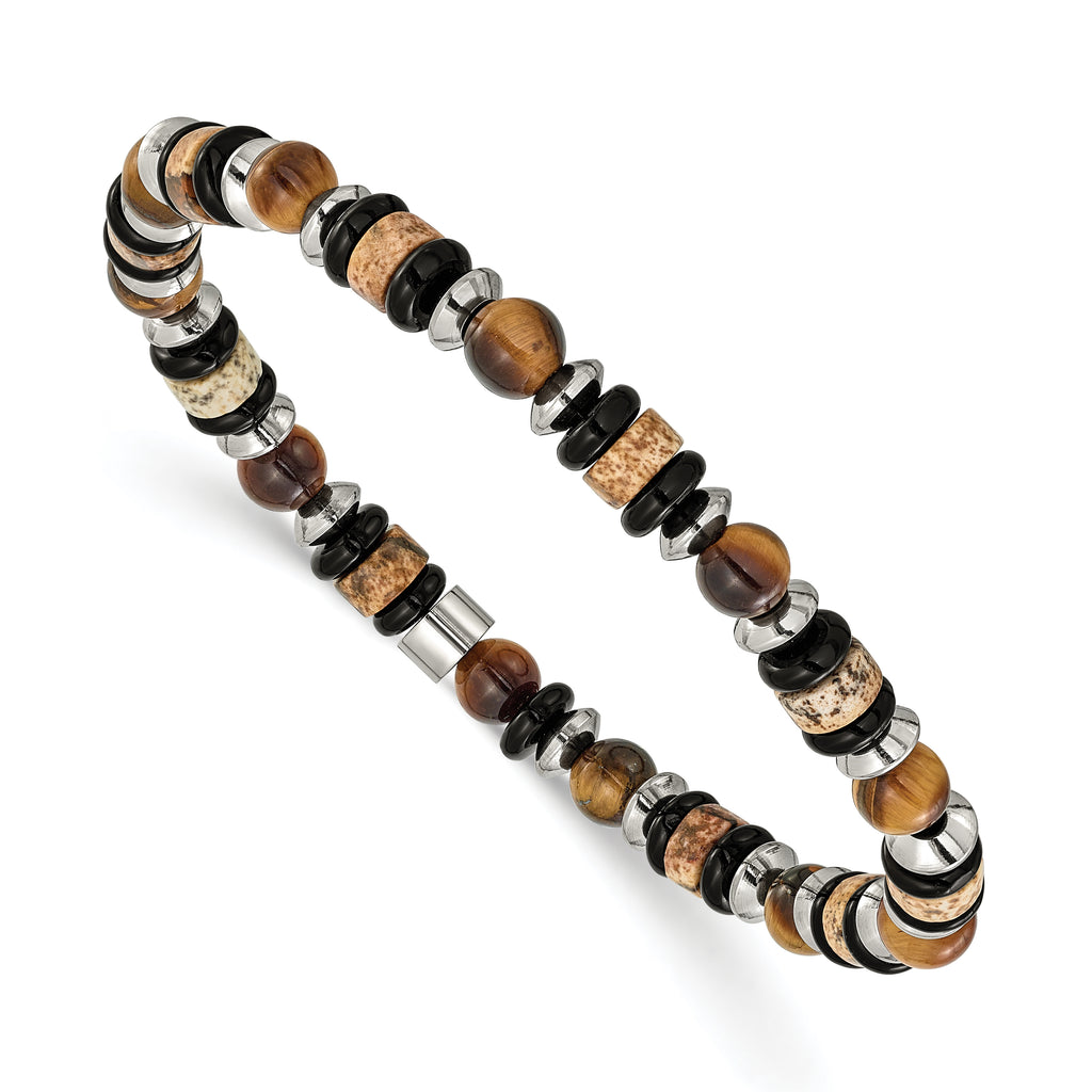 Polished Brown Tiger's Eye Stainless Steel Bracelet 6.5mm 7.5in