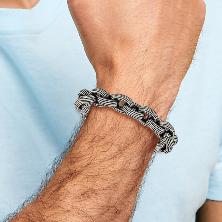 Men's Antiqued Grooved Stainless Steel Link Bracelet 13mm