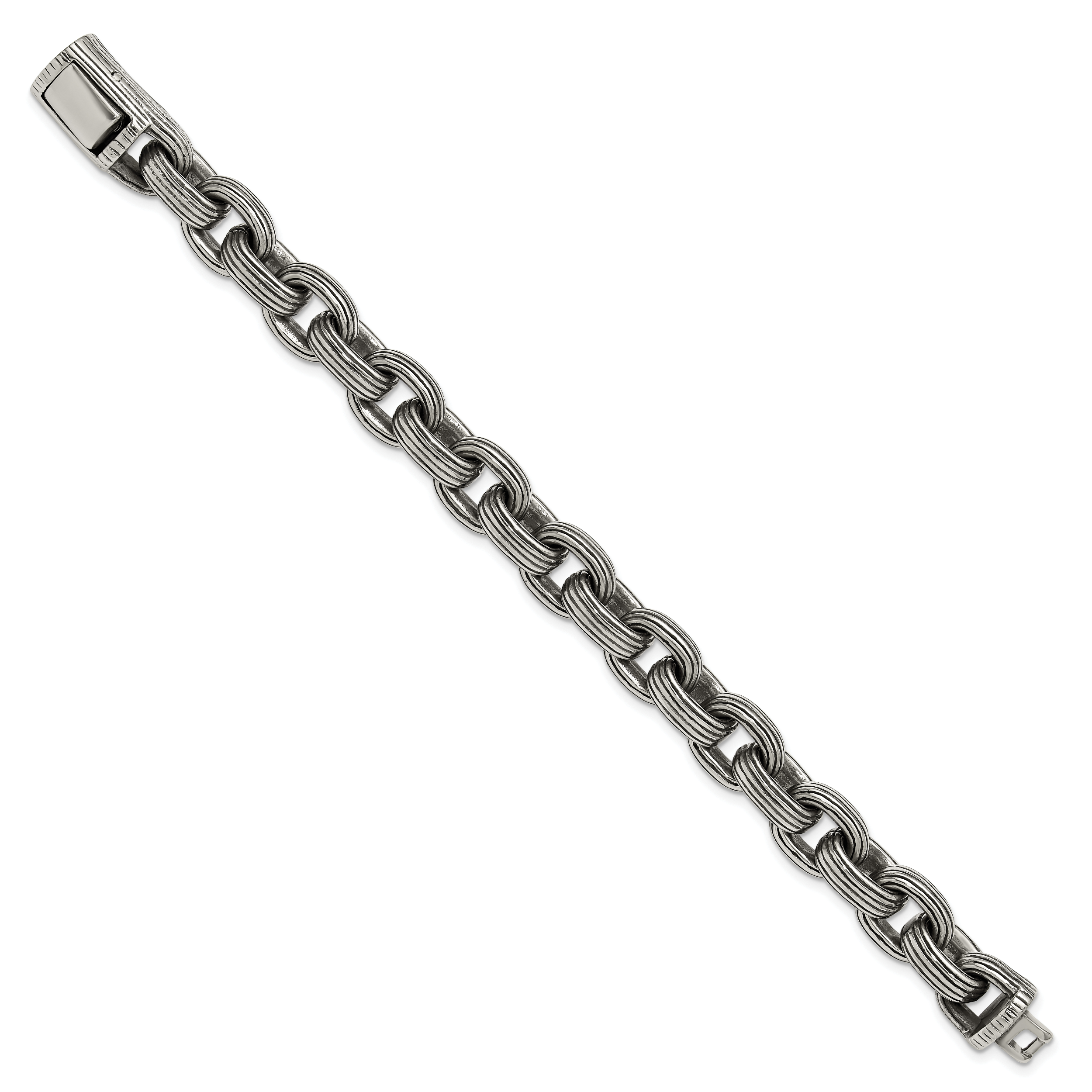 Men's Antiqued Grooved Stainless Steel Link Bracelet 13mm Secondary image