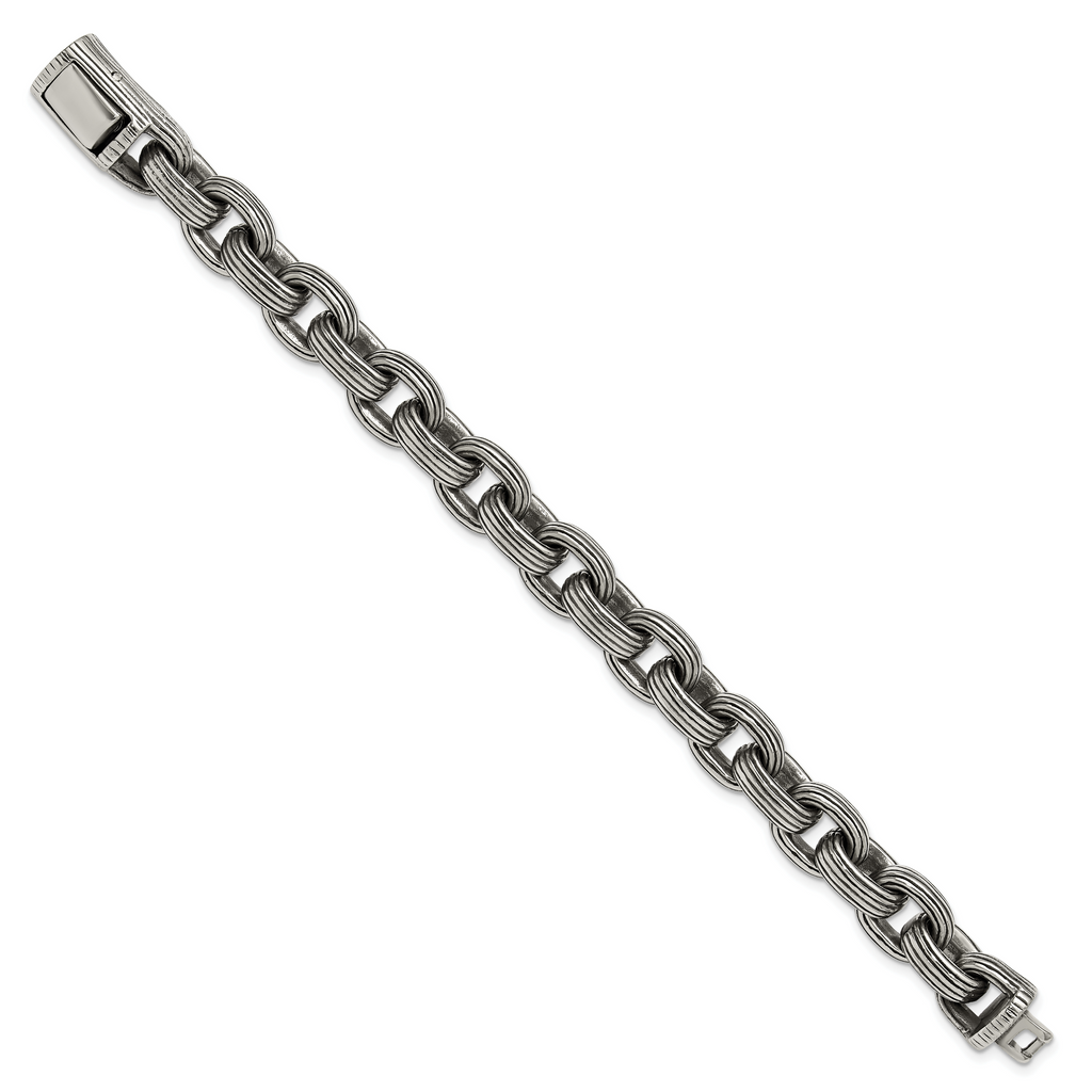 Men's Antiqued Grooved Stainless Steel Link Bracelet 13mm