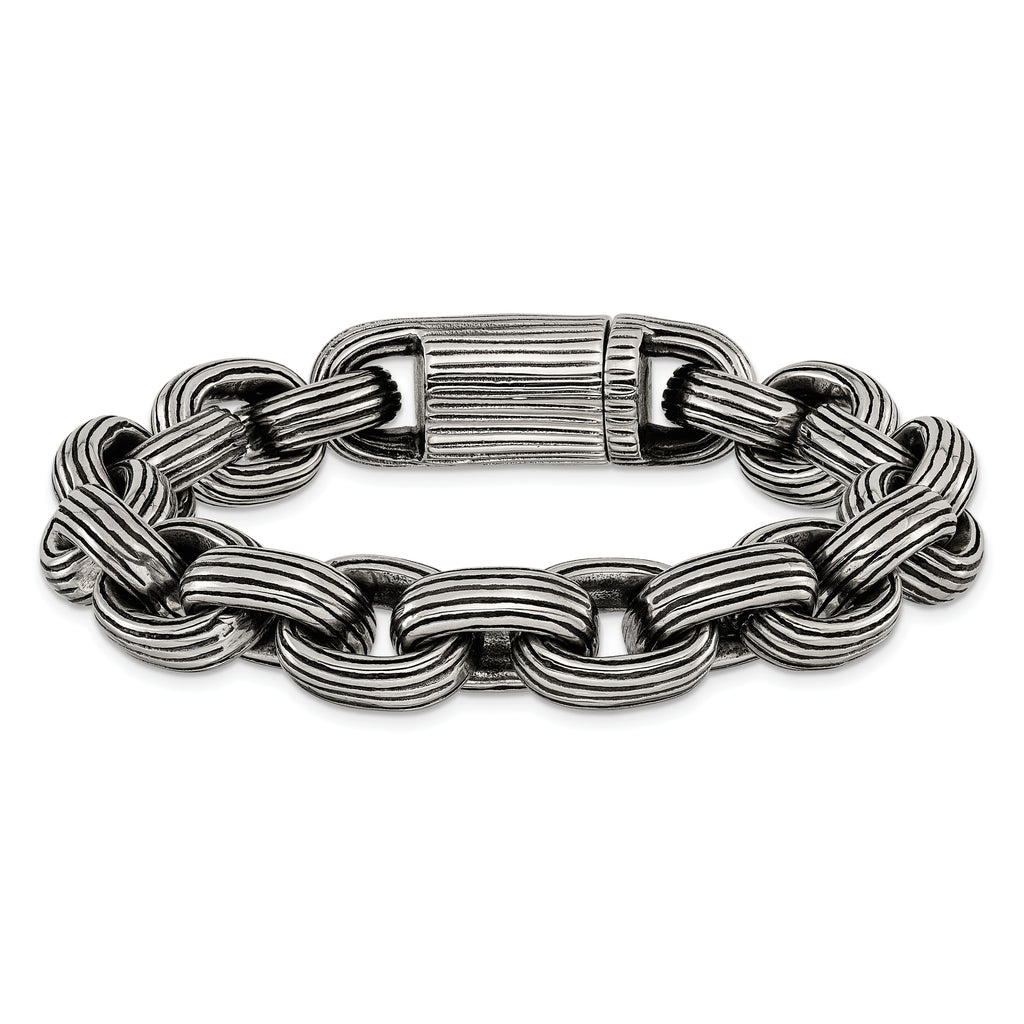 Men's Antiqued Grooved Stainless Steel Link Bracelet 13mm