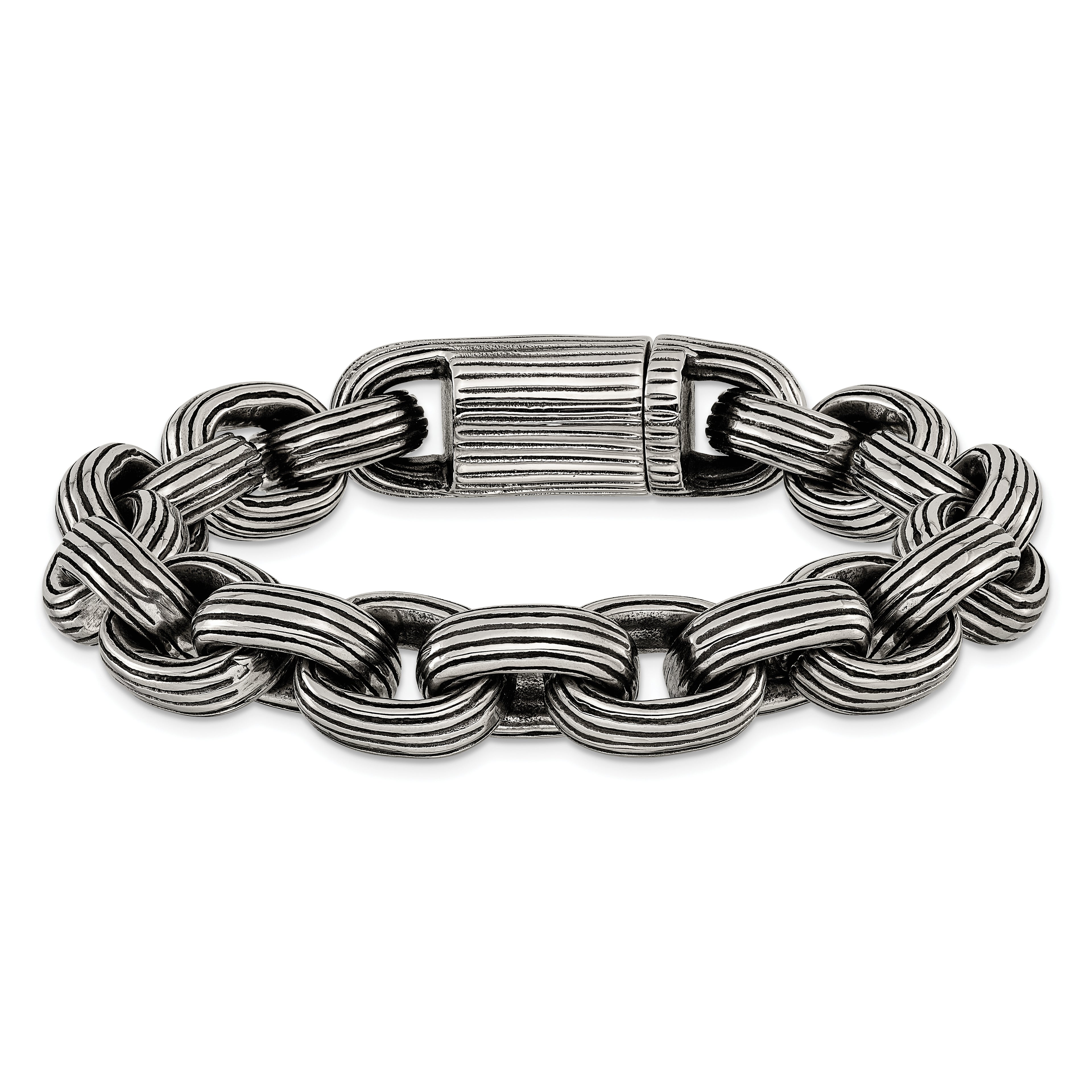 Men's Antiqued Grooved Stainless Steel Link Bracelet 13mm