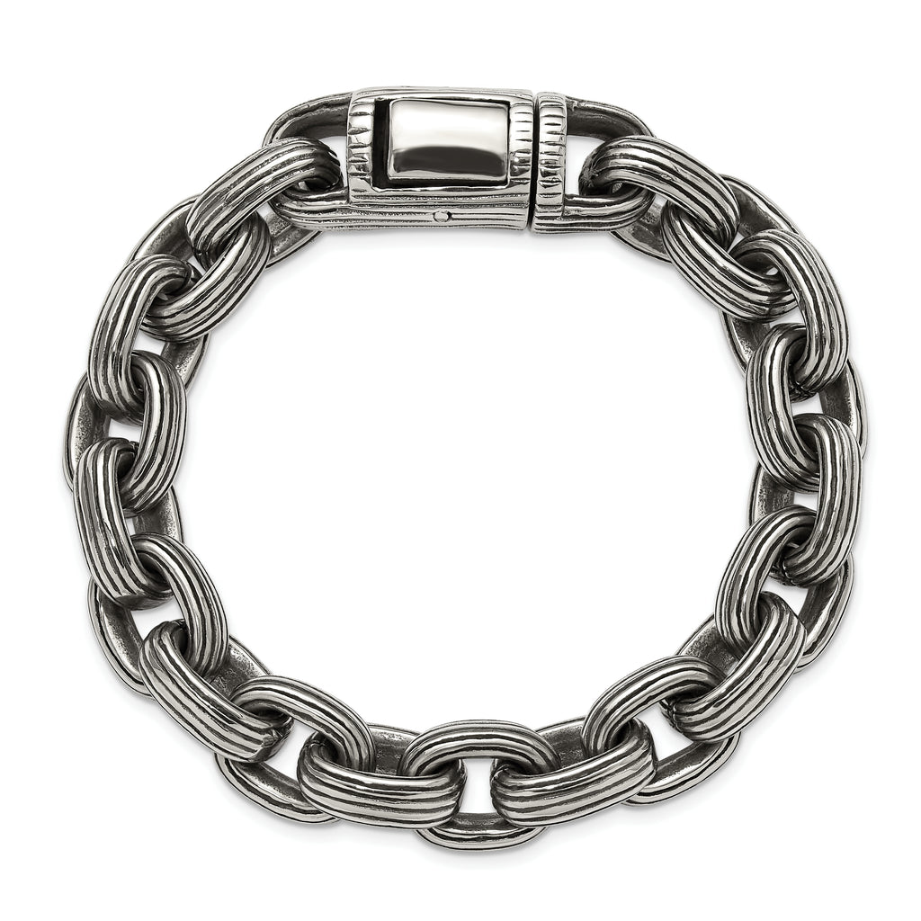Men's Antiqued Grooved Stainless Steel Link Bracelet 13mm