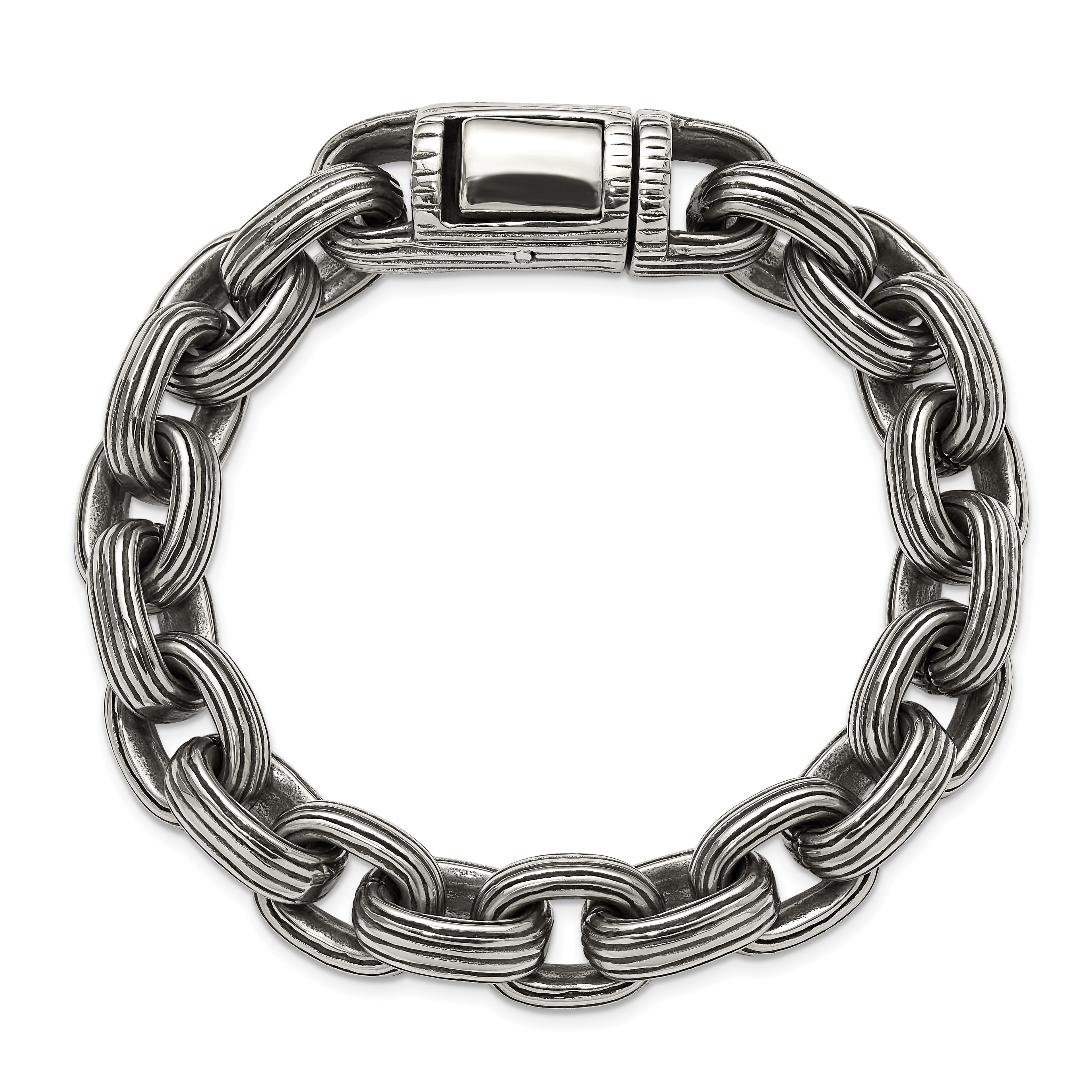 Men's Antiqued Grooved Stainless Steel Link Bracelet 13mm