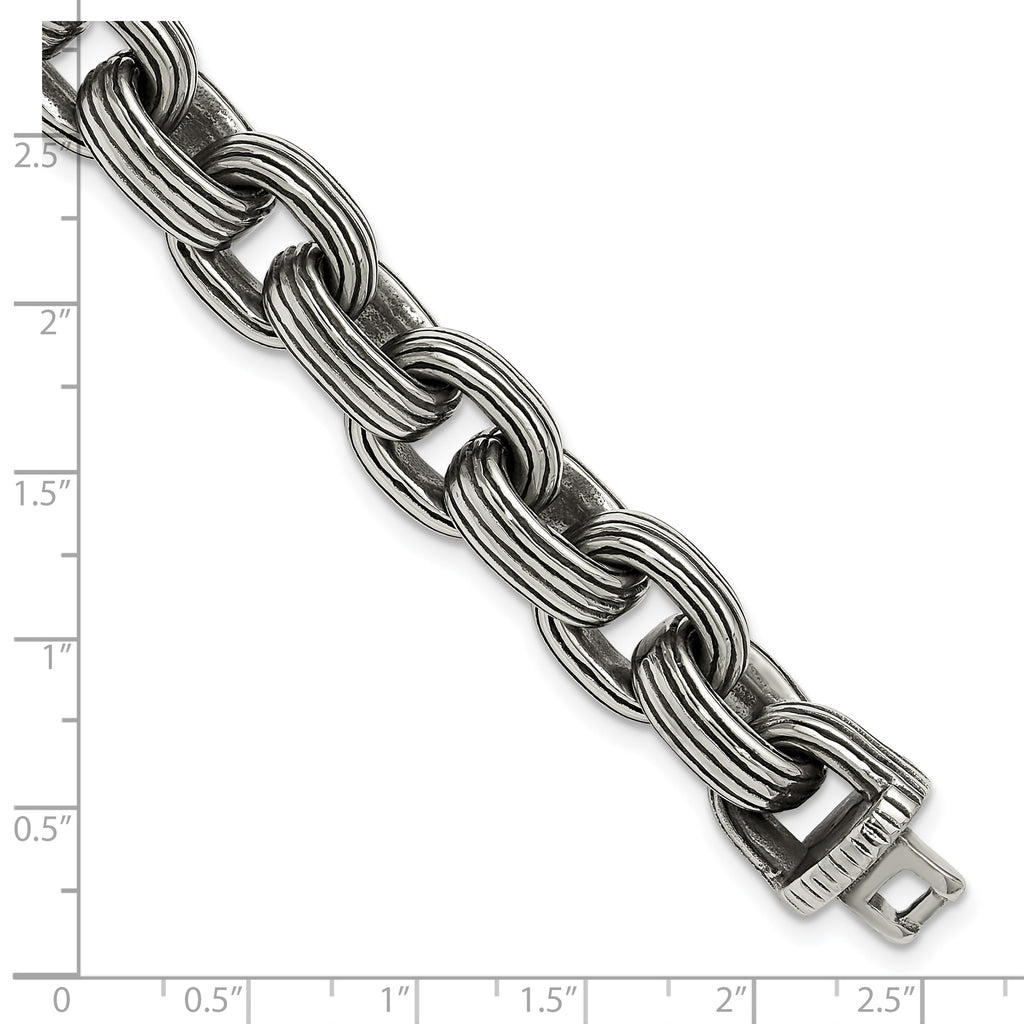 Men's Antiqued Grooved Stainless Steel Link Bracelet 13mm