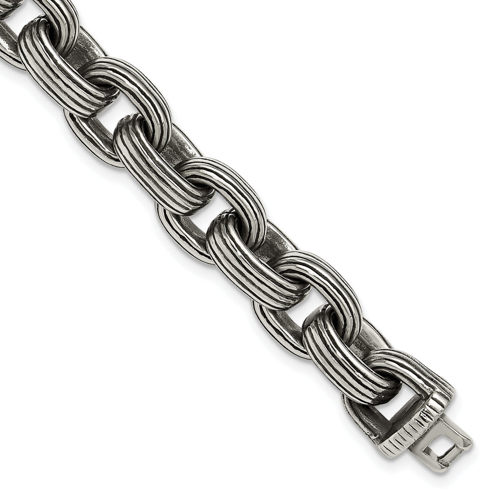 Men's Antiqued Grooved Stainless Steel Link Bracelet 13mm