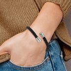 Polished Leather Stainless Steel Bangle Bracelet 6.3mm