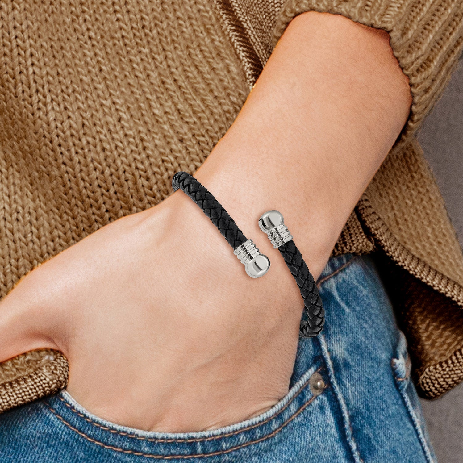 Polished Leather Stainless Steel Bangle Bracelet 6.3mm