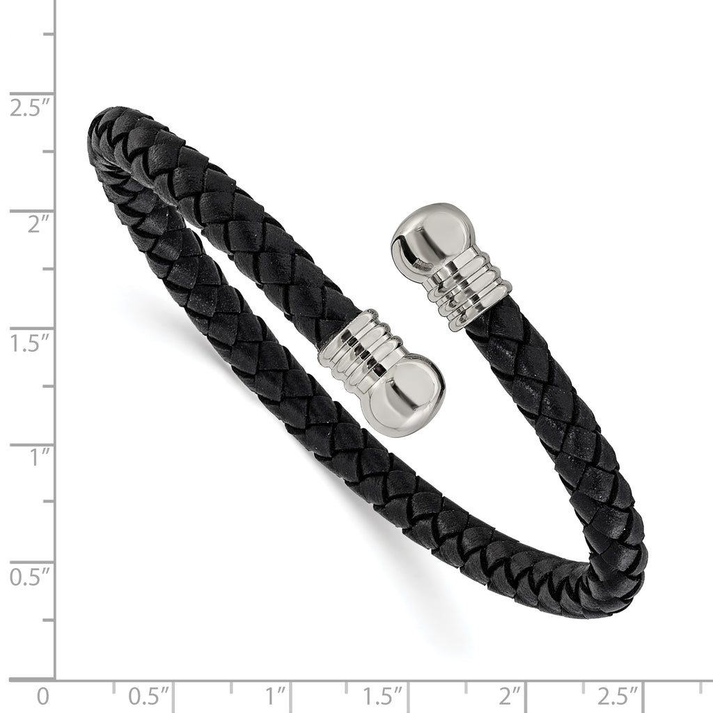 Polished Leather Stainless Steel Bangle Bracelet 6.3mm
