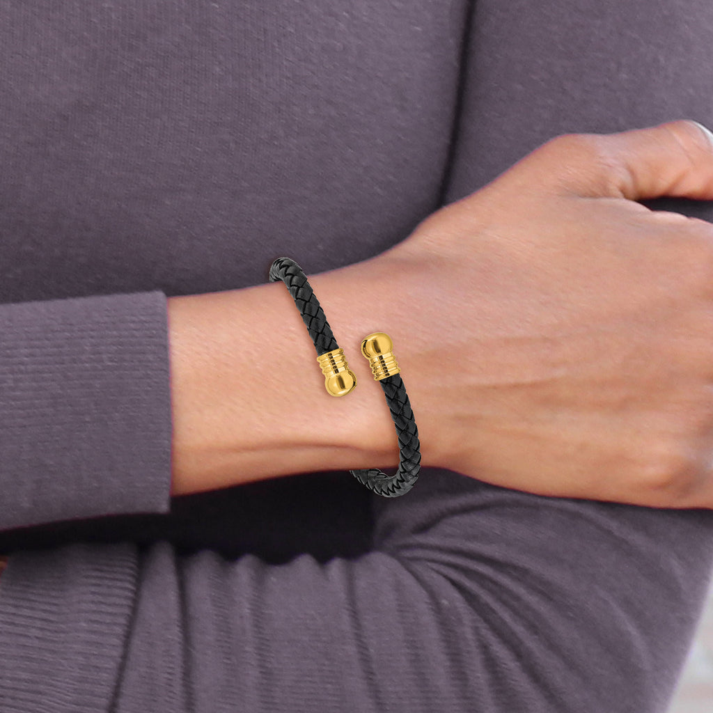 Gold-Tone Polished Leather Stainless Steel Bangle Bracelet 6.3mm