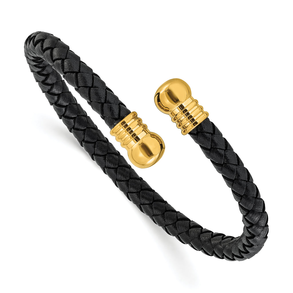 Gold-Tone Polished Leather Stainless Steel Bangle Bracelet 6.3mm