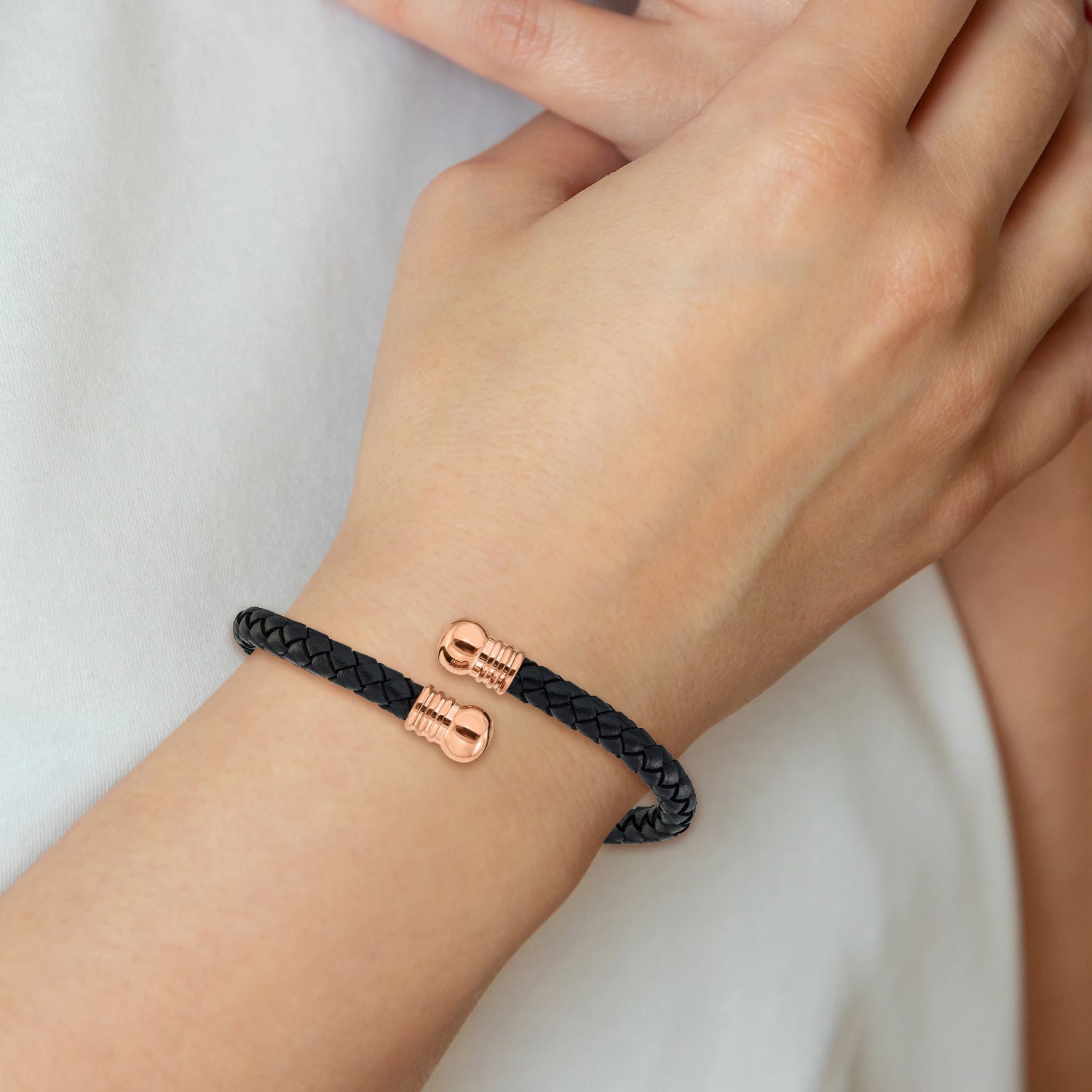 Rose-Tone Polished Leather Stainless Steel Bangle Bracelet 6.3mm