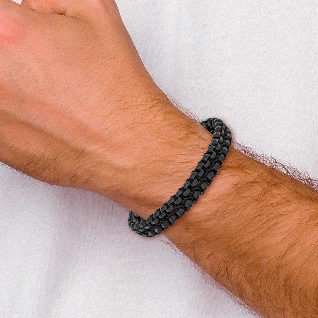 Men's Brushed and Polished Black Stainless Steel Box Chain Bracelet 12mm